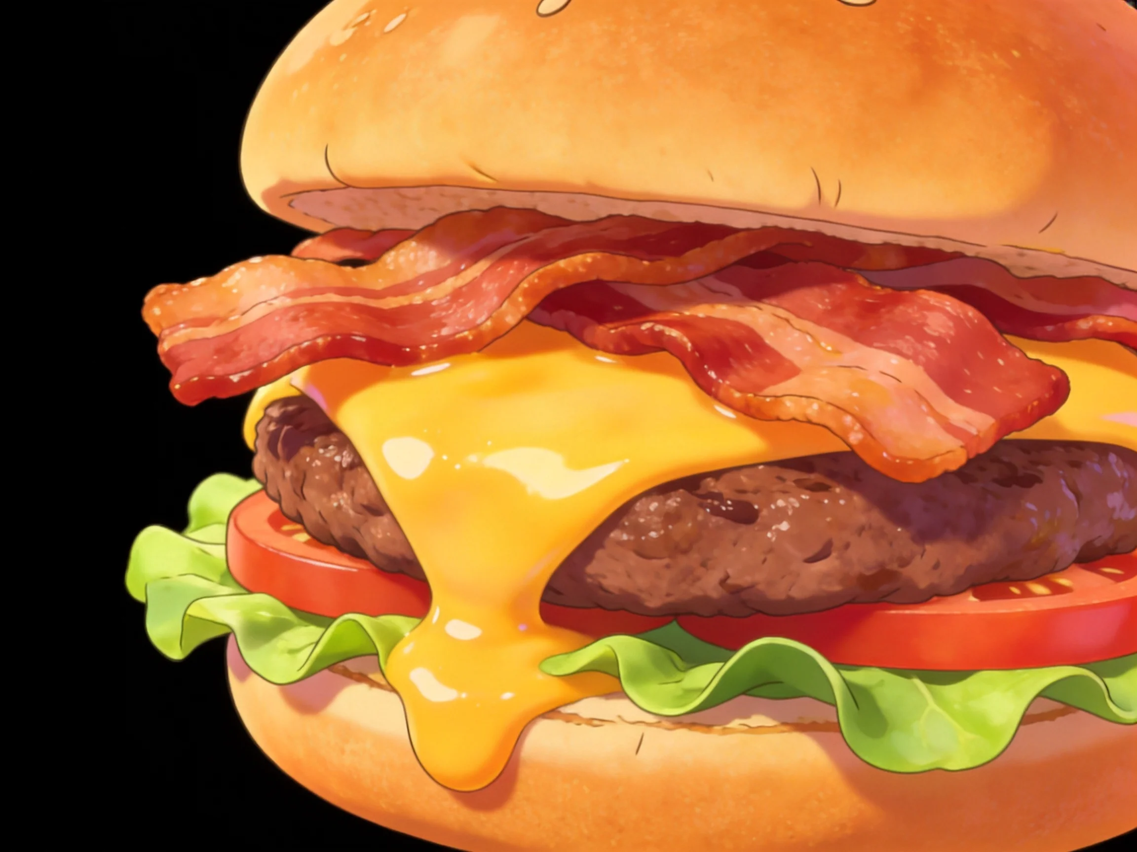 A juicy hamburger with crispy bacon, melted cheese, and fresh veggies
