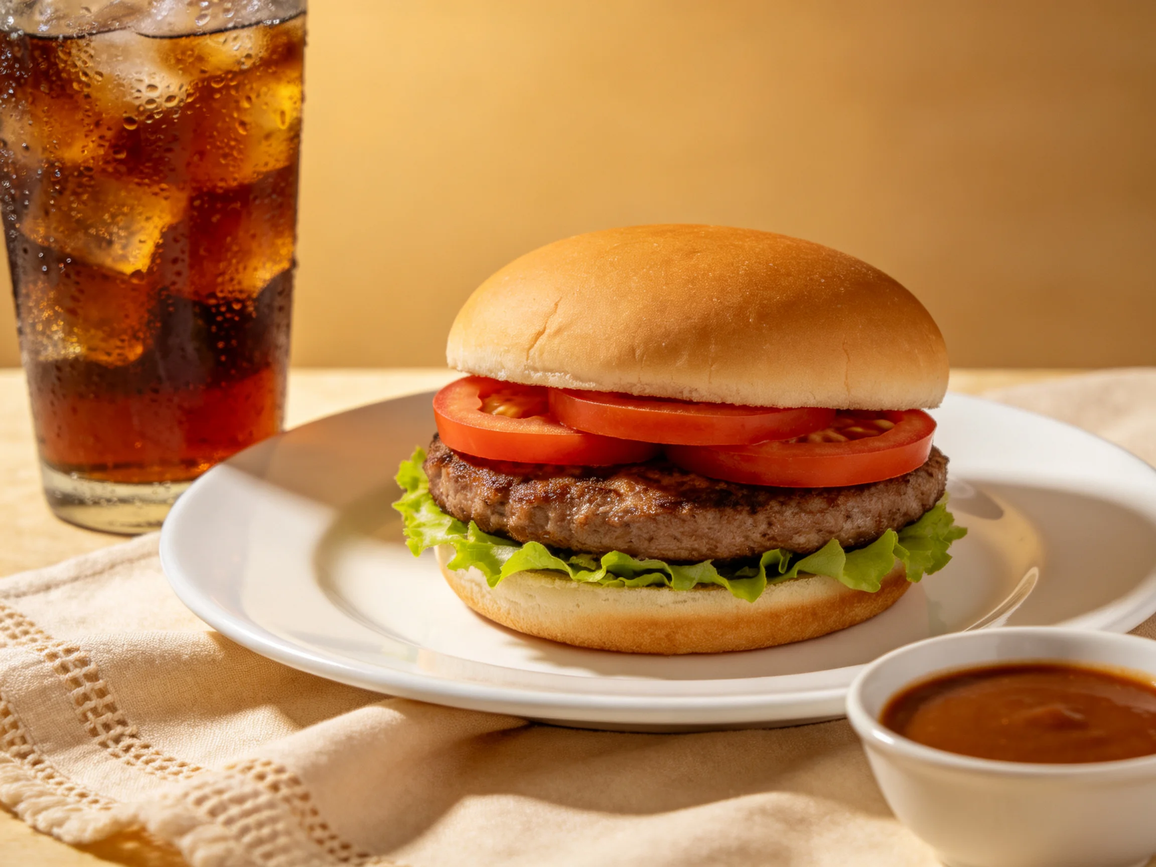 A juicy hamburger with tomato slices next to a glass of cola