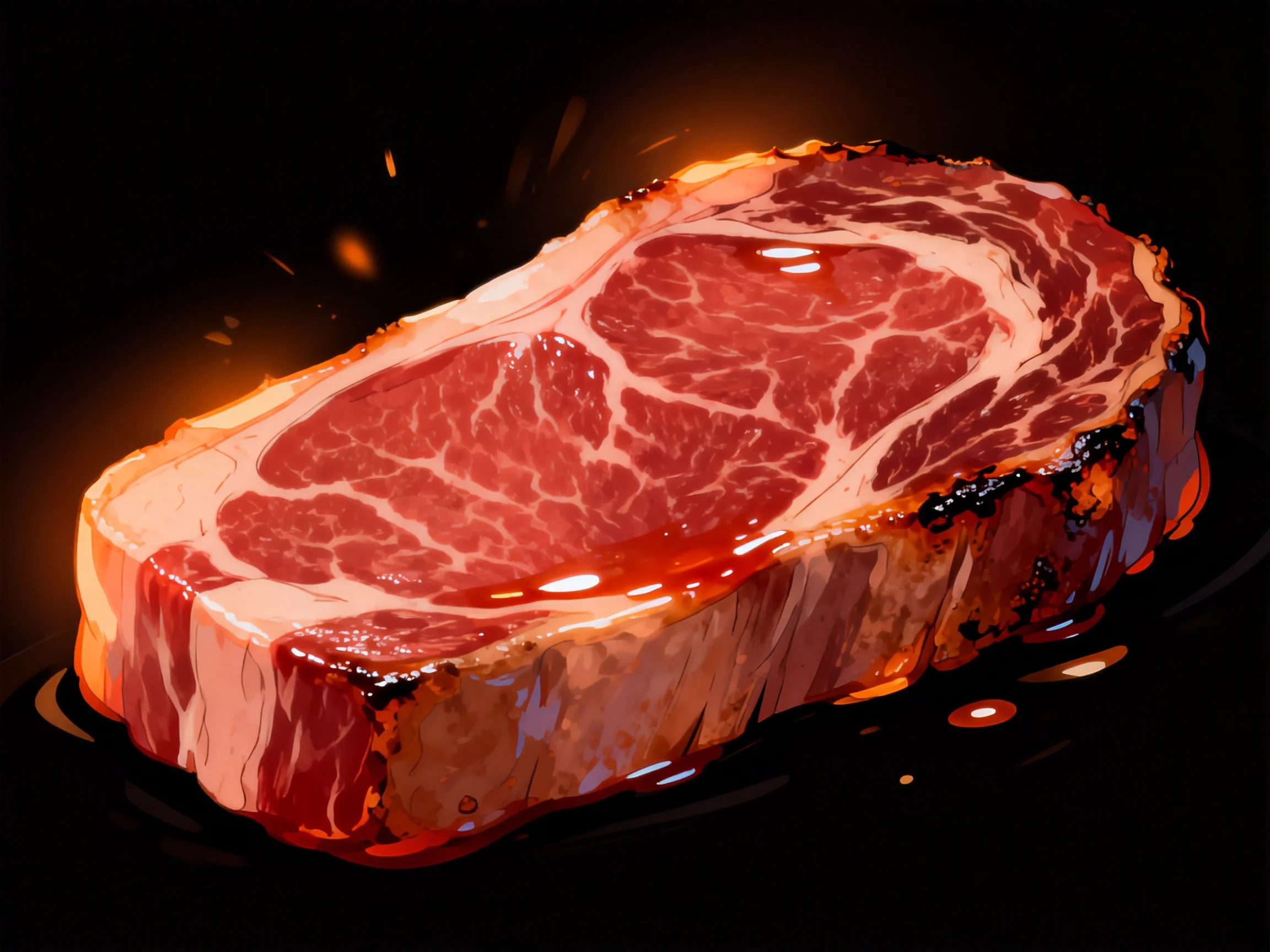 A thick-cut steak with marbling and glossy surfaces is displayed.
