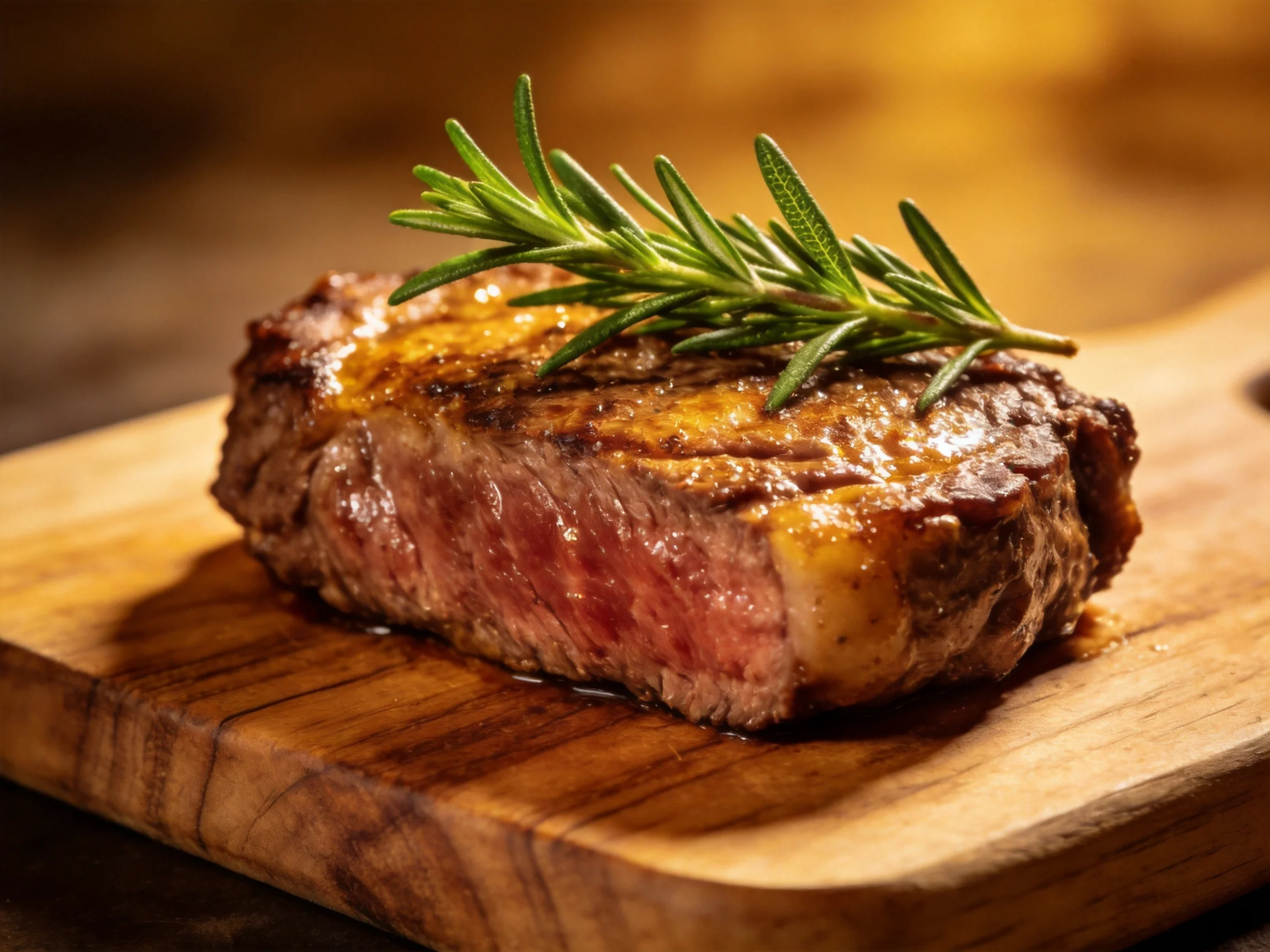 A juicy medium-rare steak garnished with fresh rosemary on a wooden cutting board