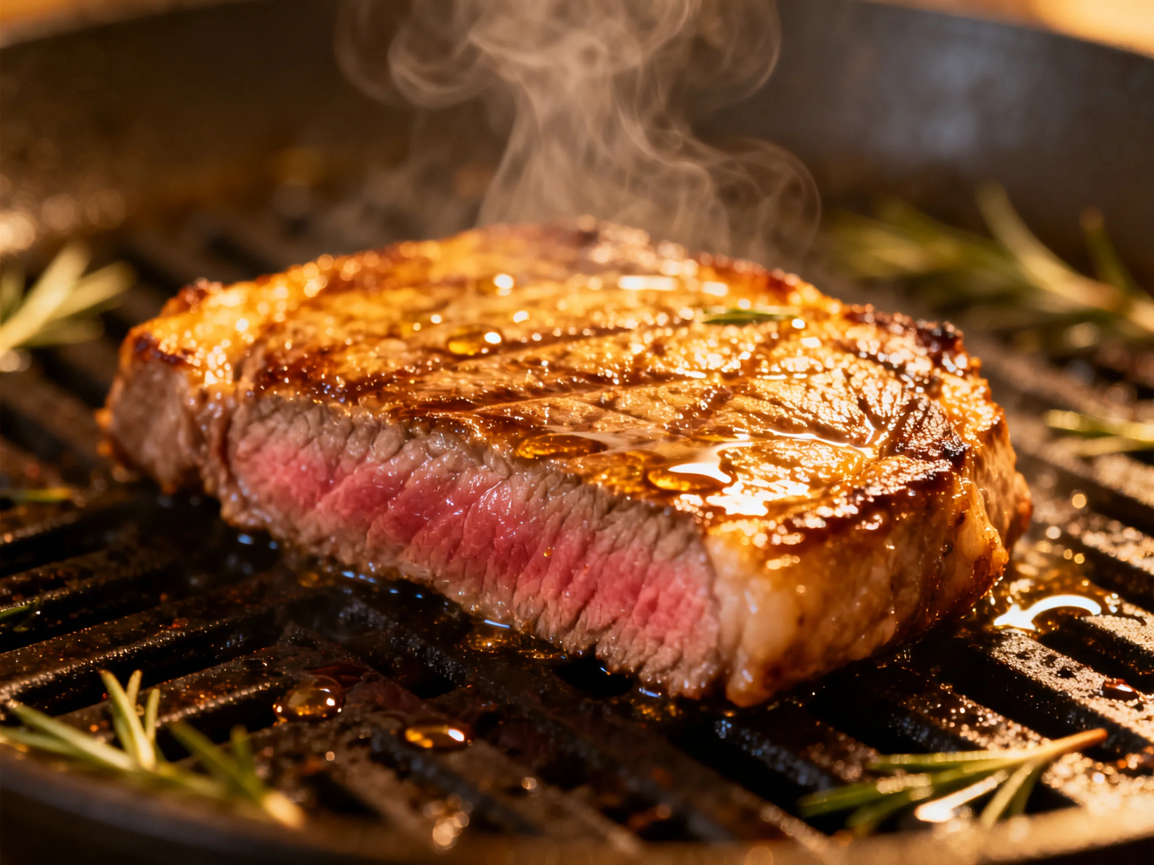 A juicy steak cooks on a grill pan with fresh rosemary nearby.