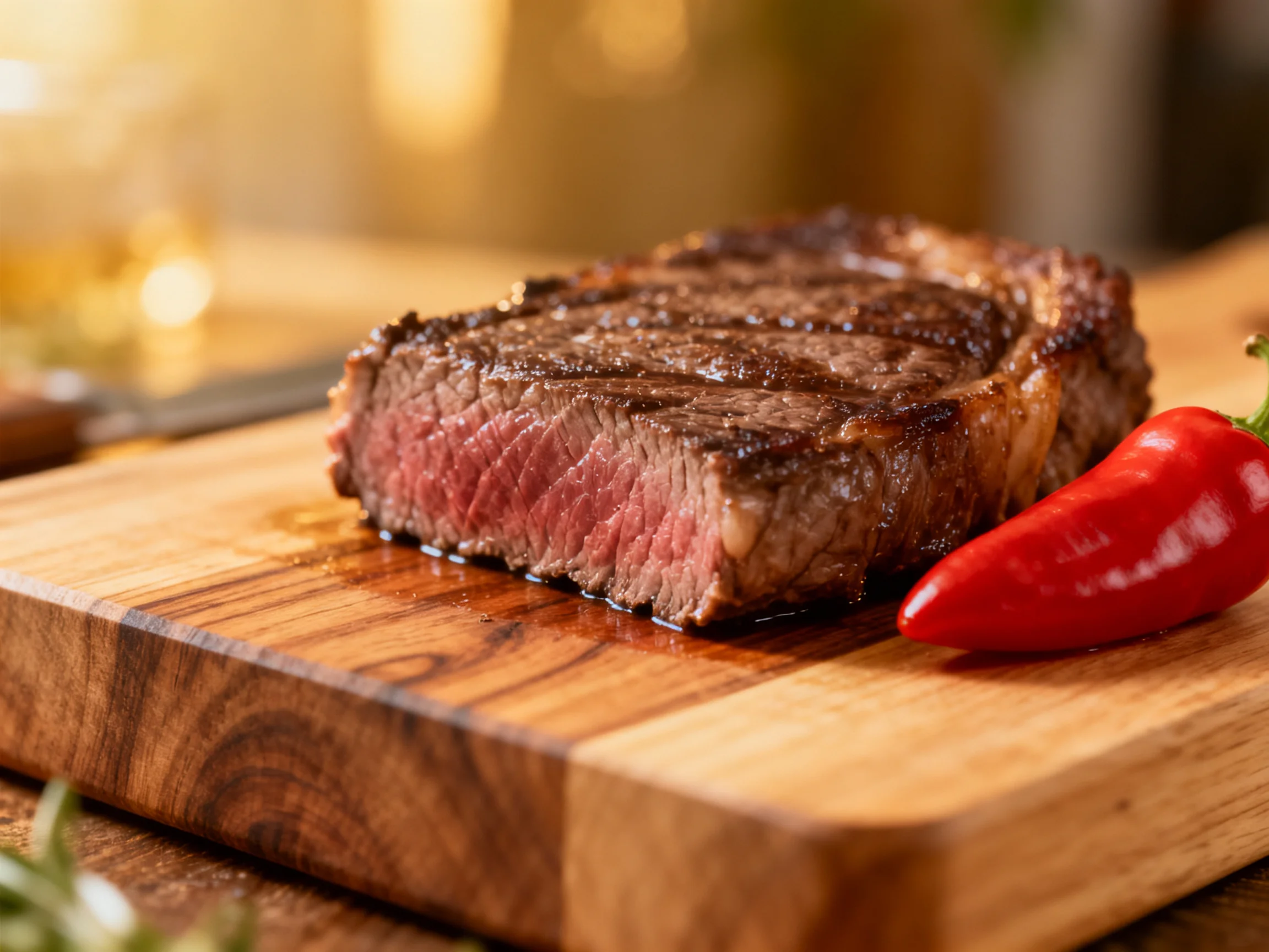 A juicy medium-rare steak is displayed on a wooden cutting board next to a bright red chili pepper.