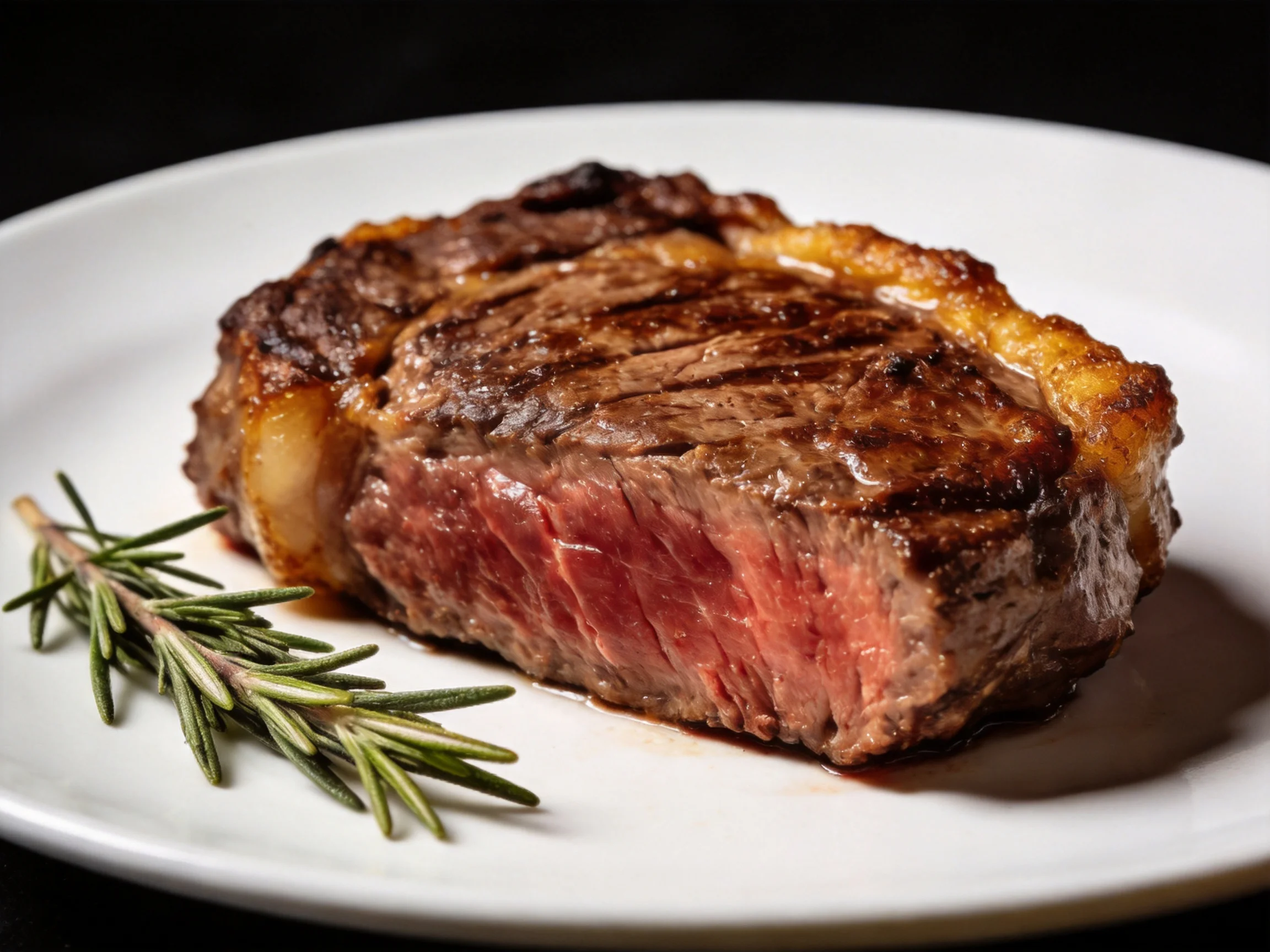 A juicy medium-rare steak served on a white plate with rosemary