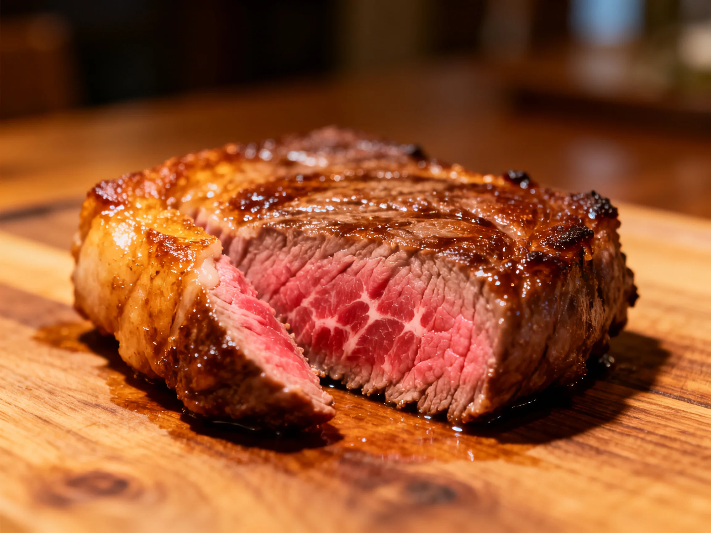 A juicy medium-rare steak sliced on a wooden cutting board
