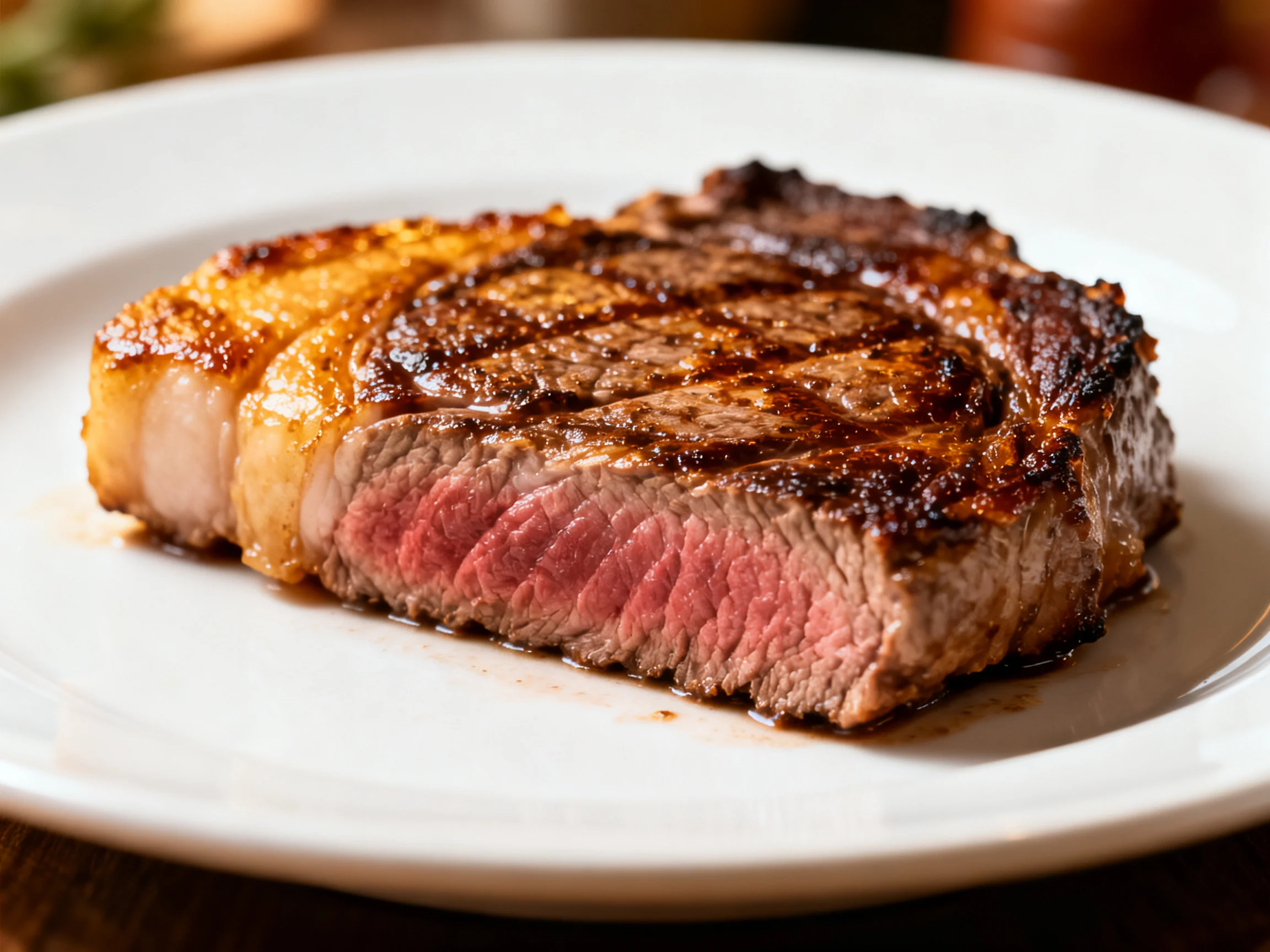 A juicy medium-rare steak with charred grill marks on a white plate