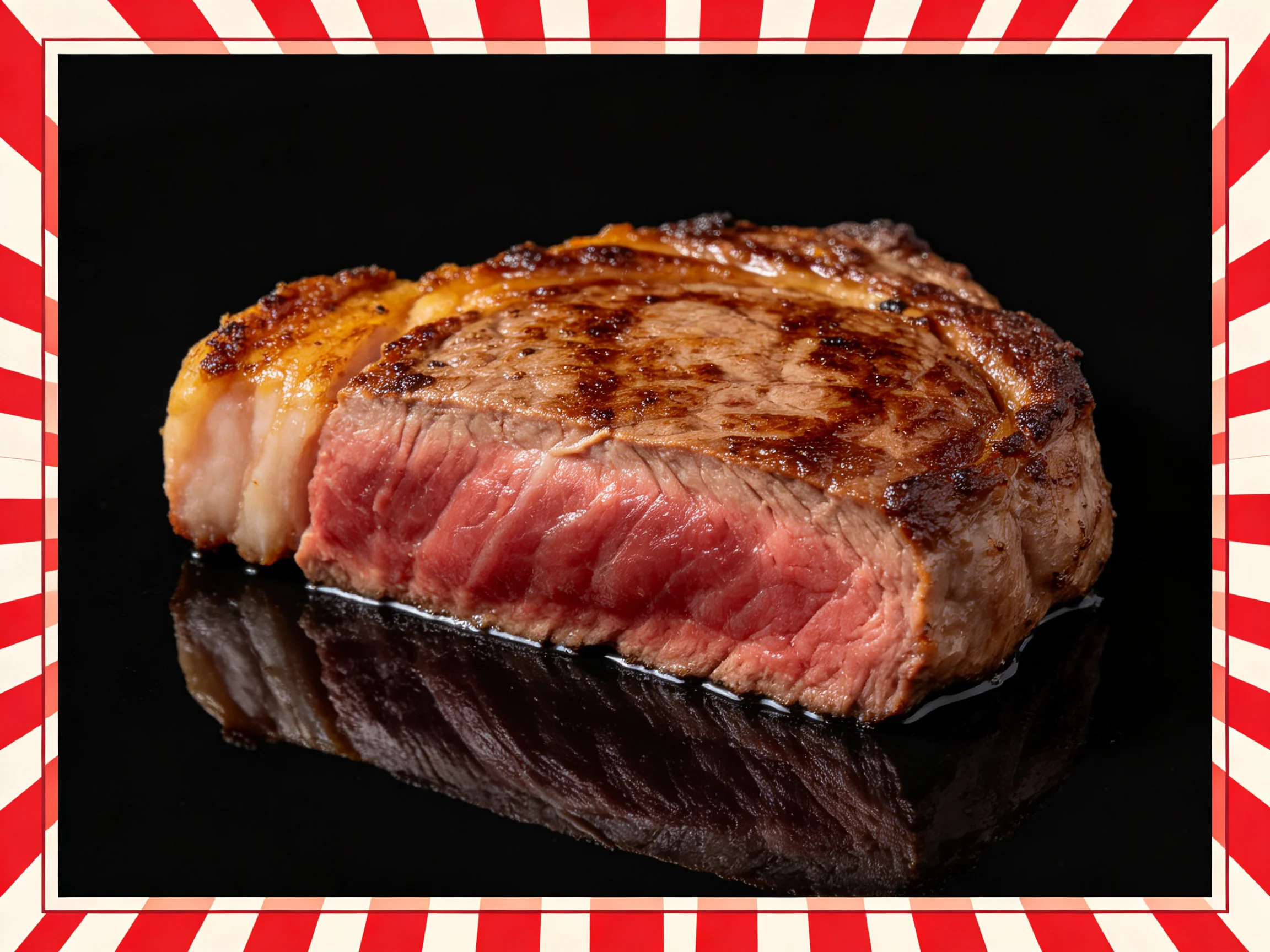A juicy medium-rare steak with golden-brown sear on dark backdrop