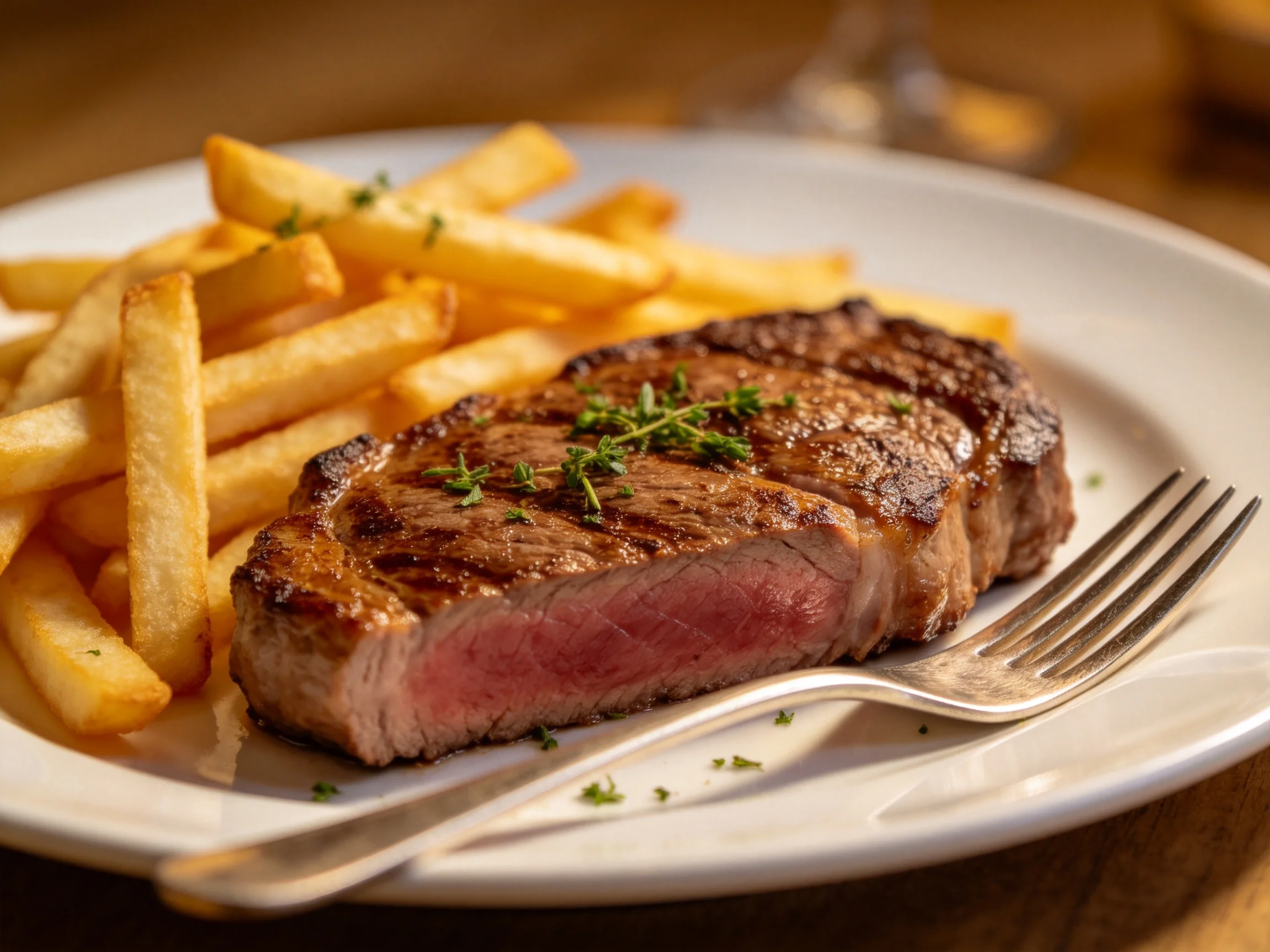 A juicy medium-rare steak with golden fries on a white plate