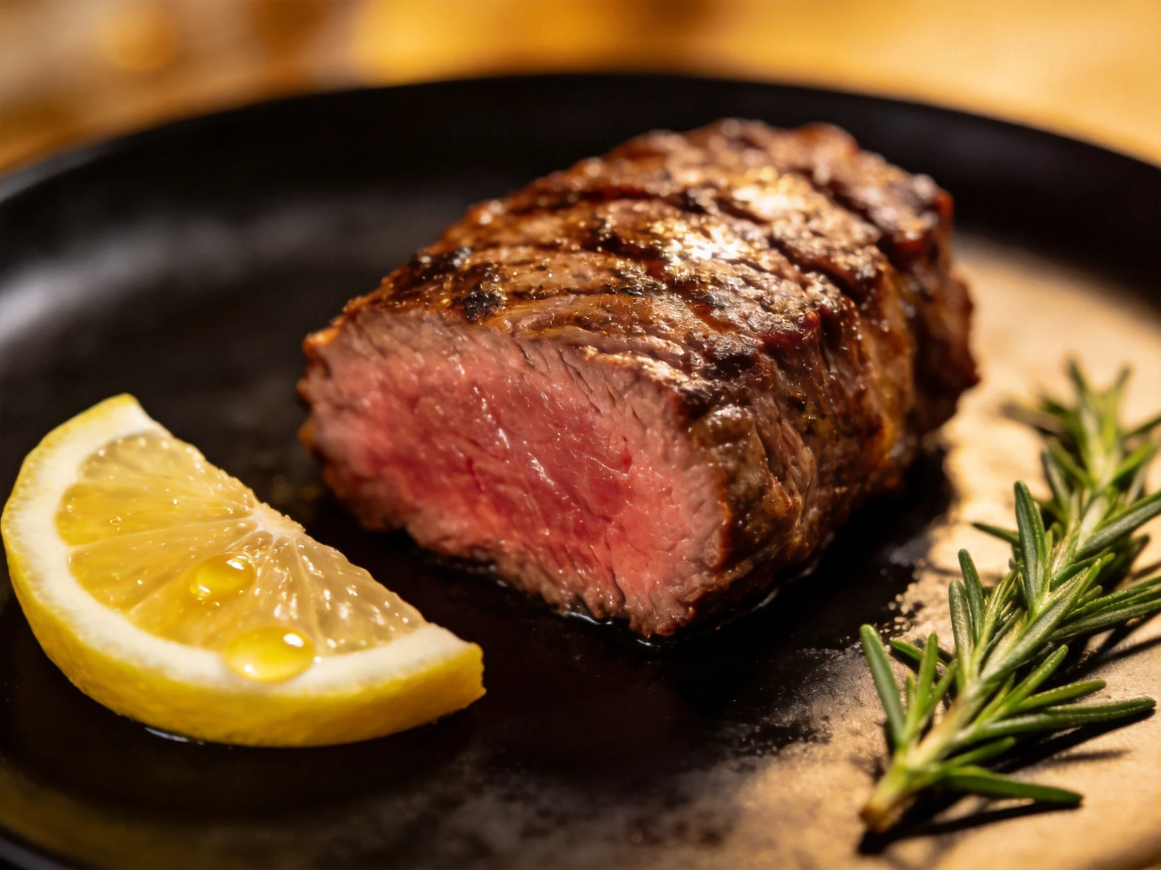 A juicy medium-rare steak with lemon wedge and rosemary on a dark plate