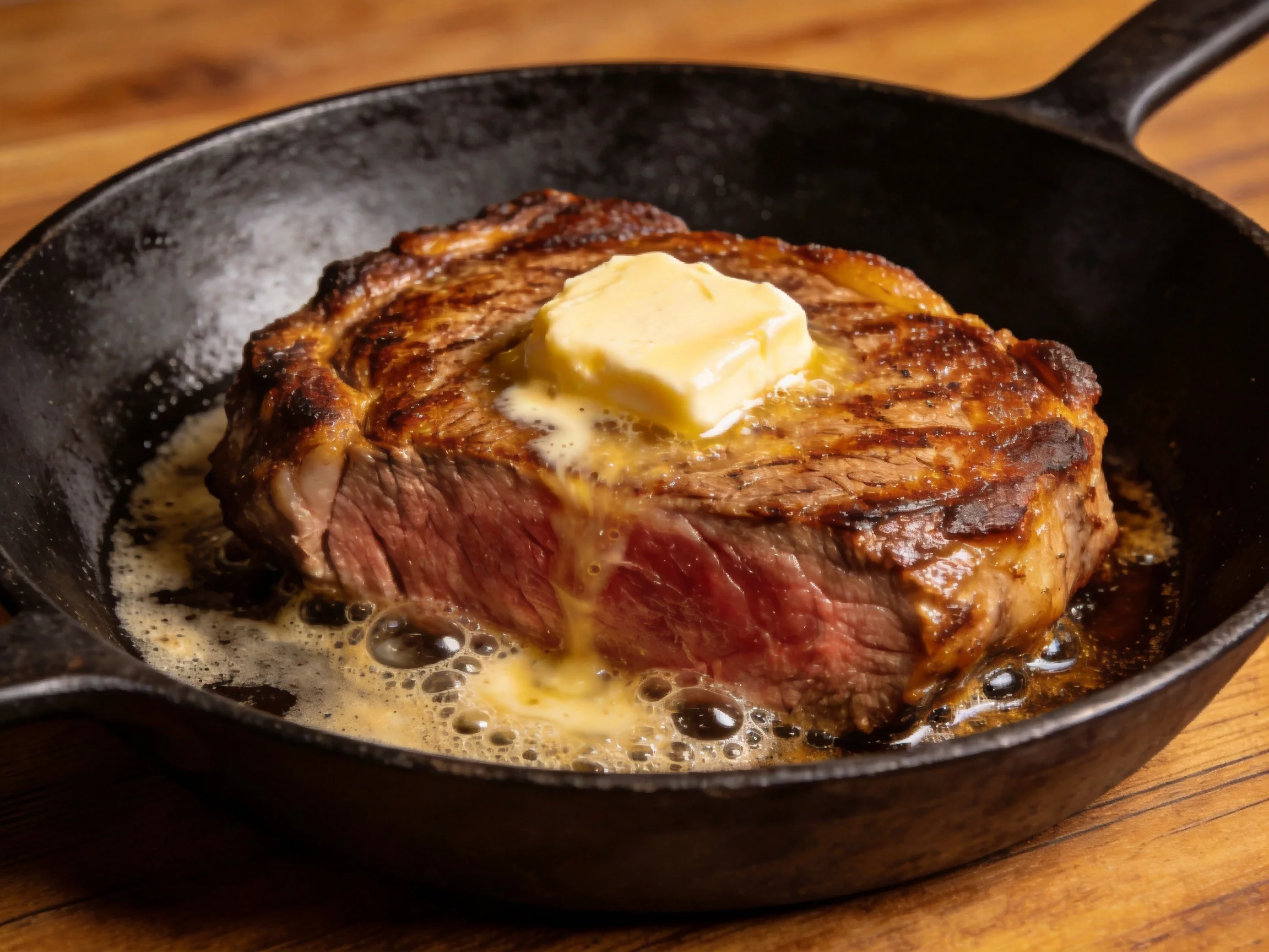 A medium-rare steak topped with melting butter sits in a black cast iron skillet.