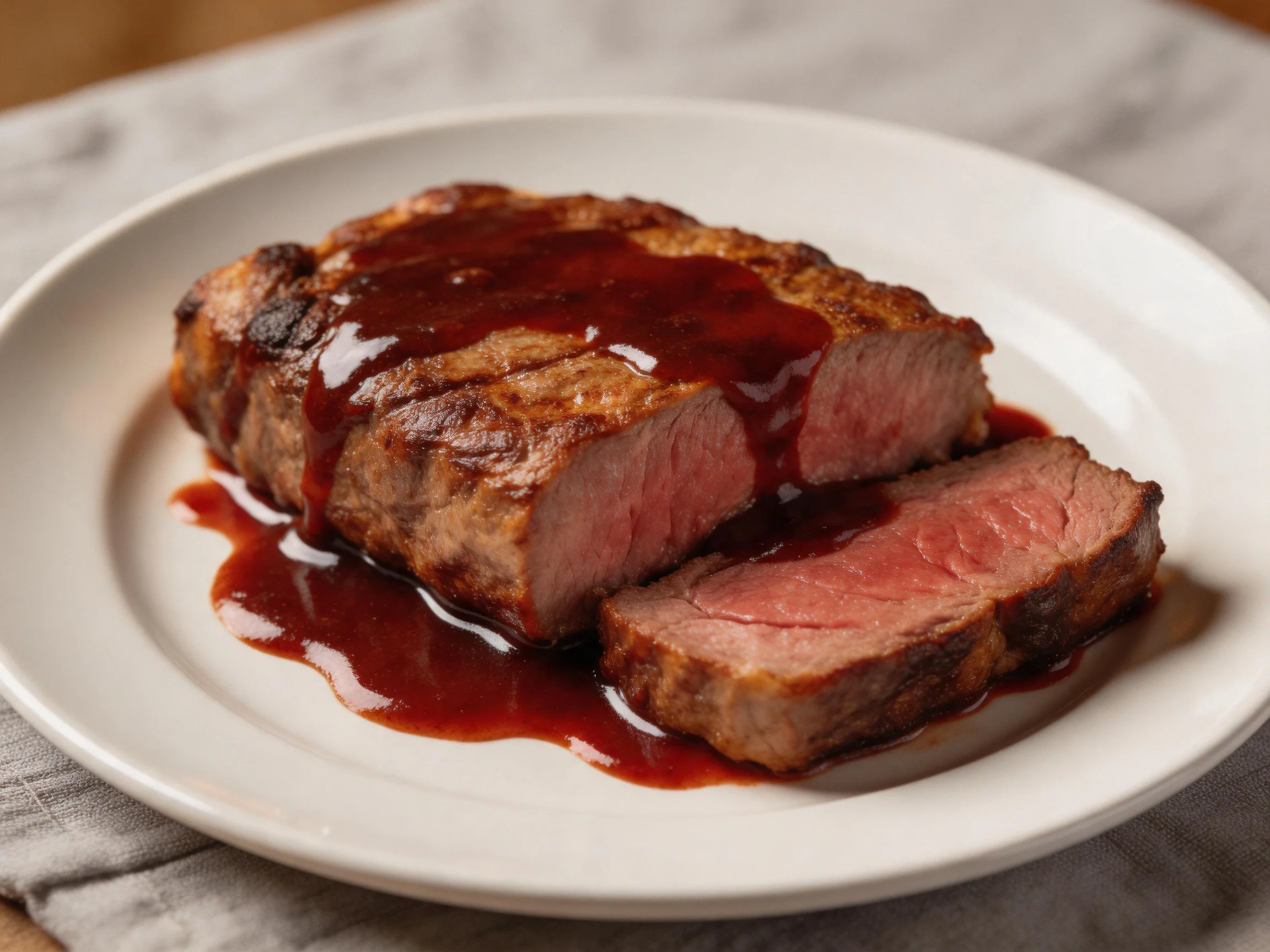 A juicy medium-rare steak with rich brown sauce on a white plate