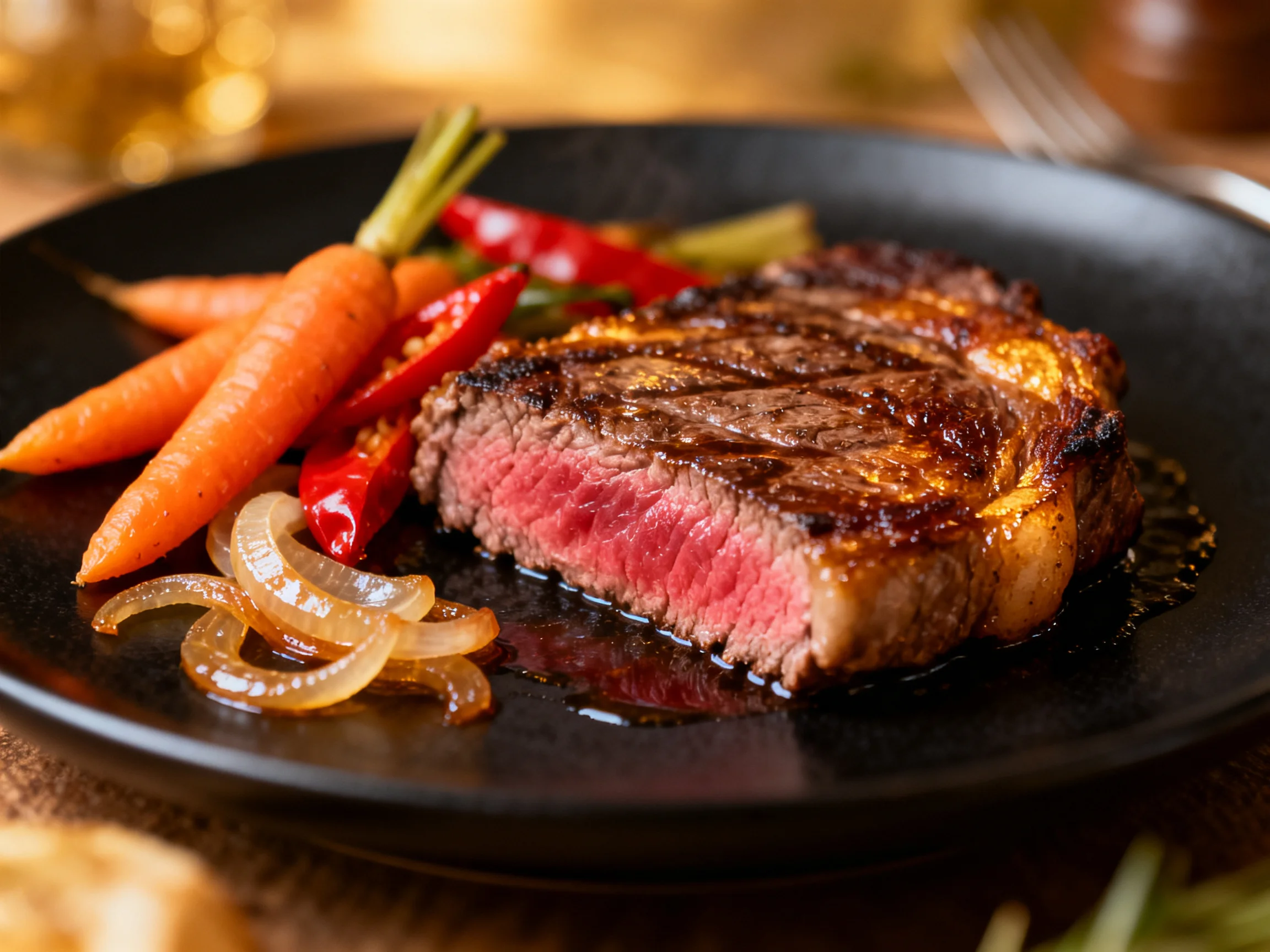 A steak dish with roasted vegetables on a black plate.