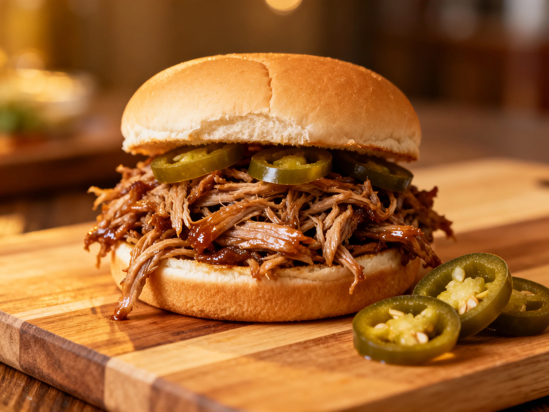 A juicy pulled pork sandwich with jalapeno slices on a wooden board
