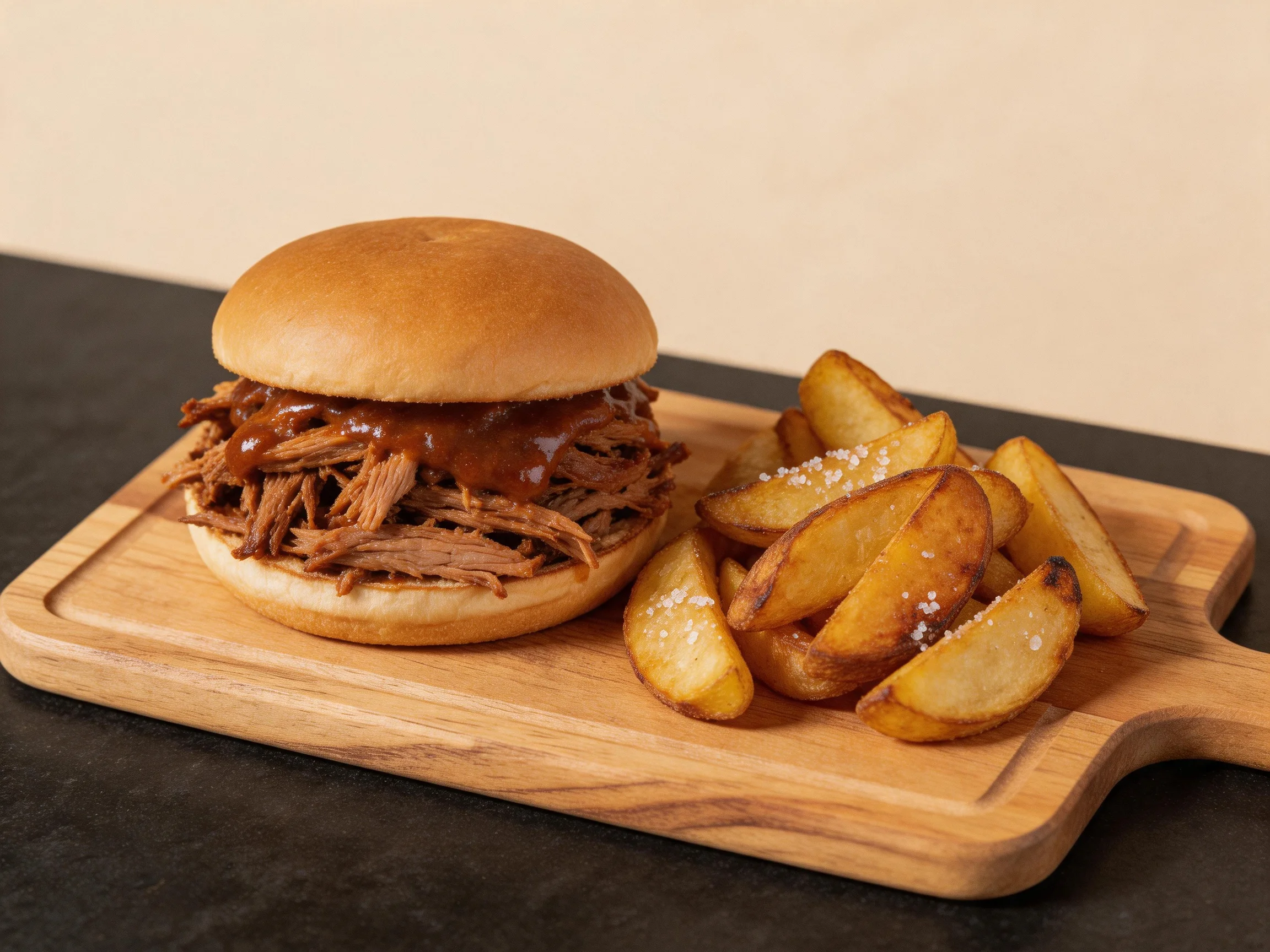 A juicy pulled pork sandwich with seasoned potato wedges