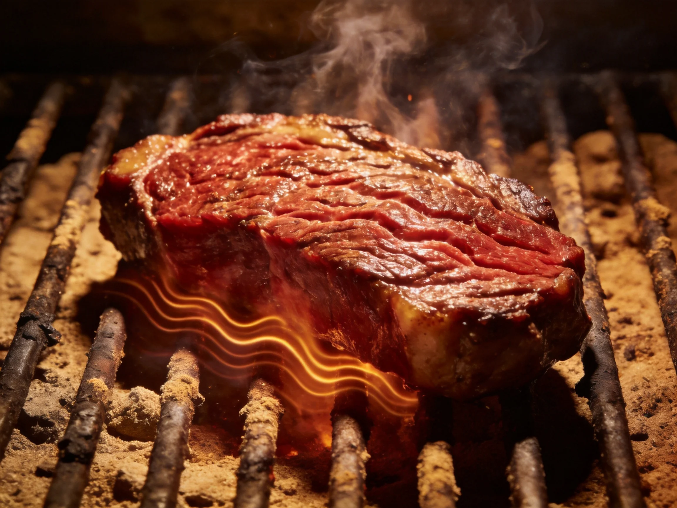 A juicy red steak grilling over glowing embers