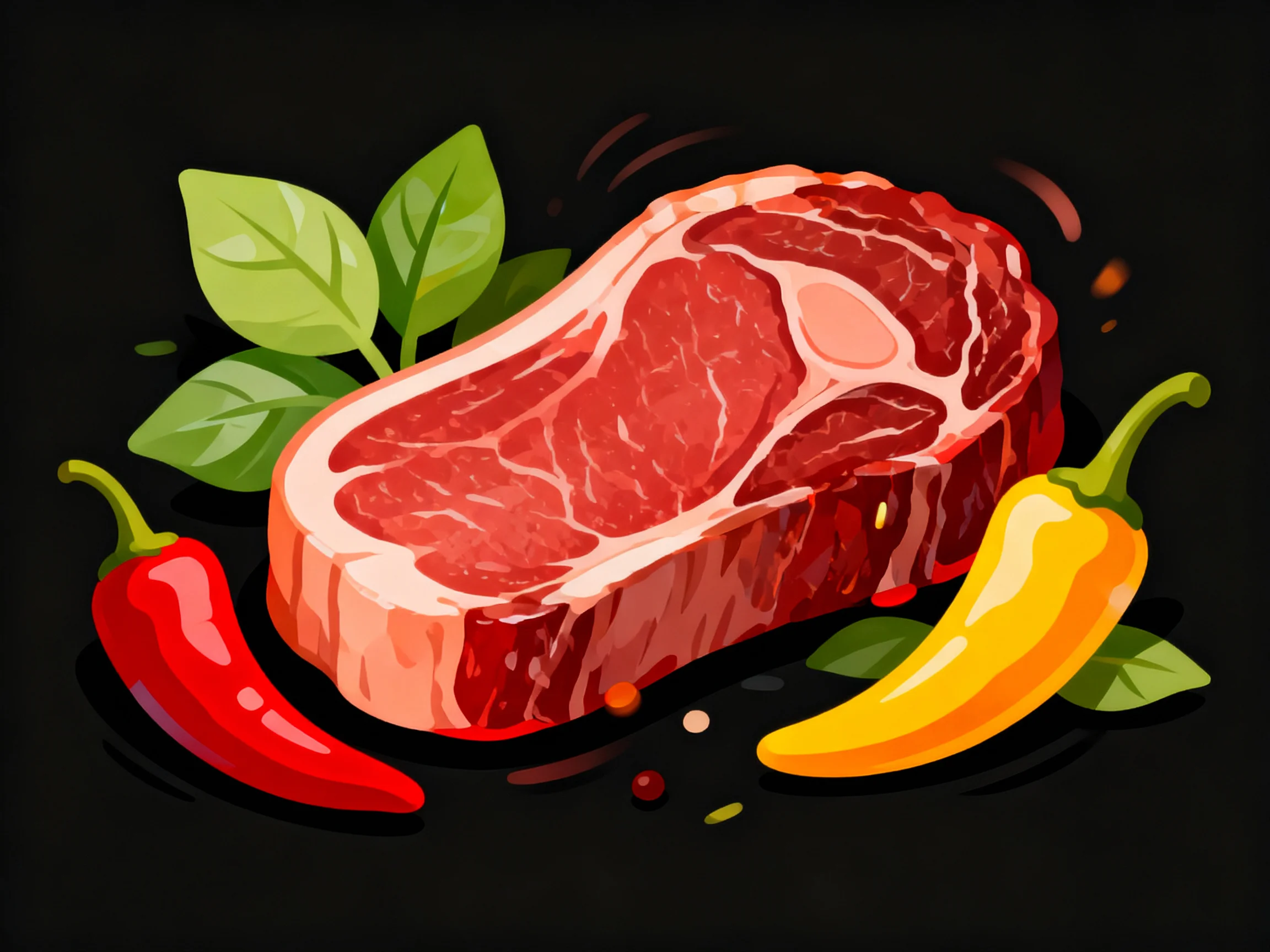 A juicy red steak surrounded by two chili peppers and green leaves