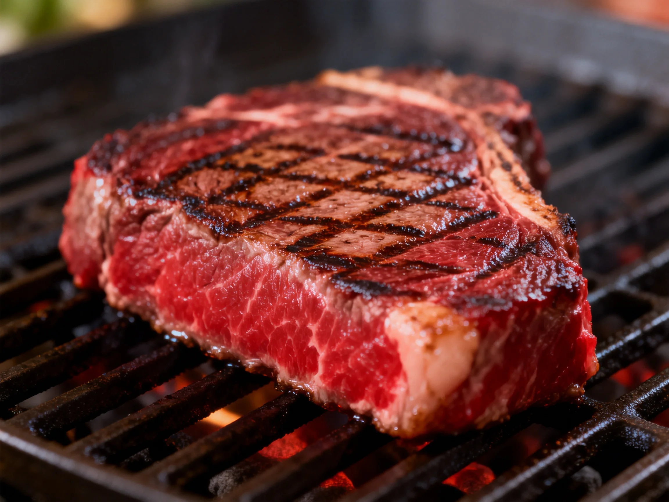 A juicy red steak with prominent grill marks grilling over glowing embers