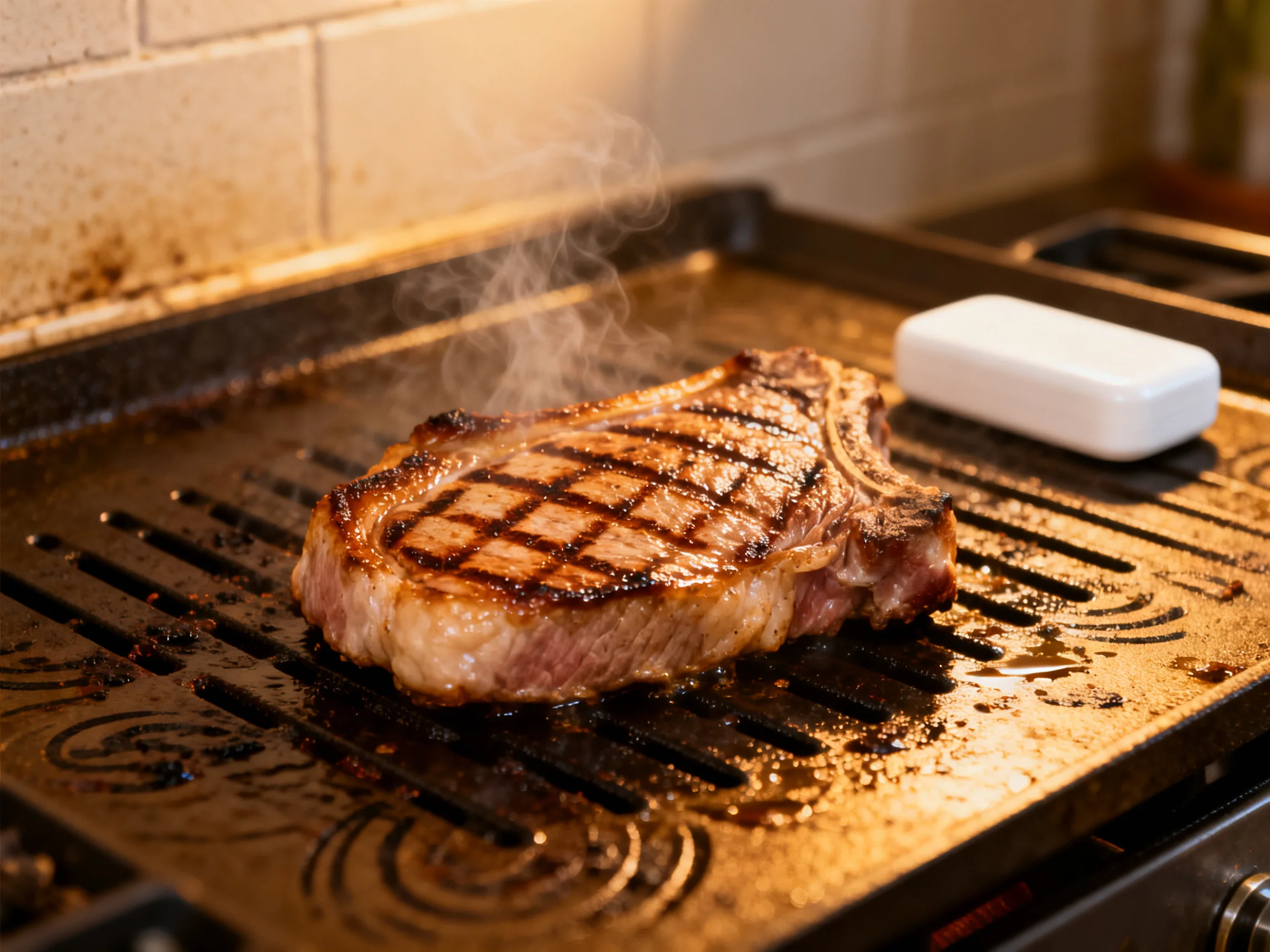 A juicy ribeye steak grills on a hot surface with smoke rising