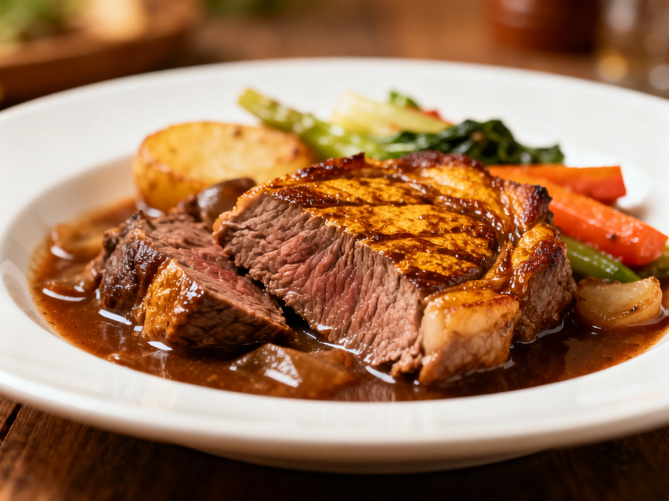 A juicy roasted beef dish with vegetables and brown gravy
