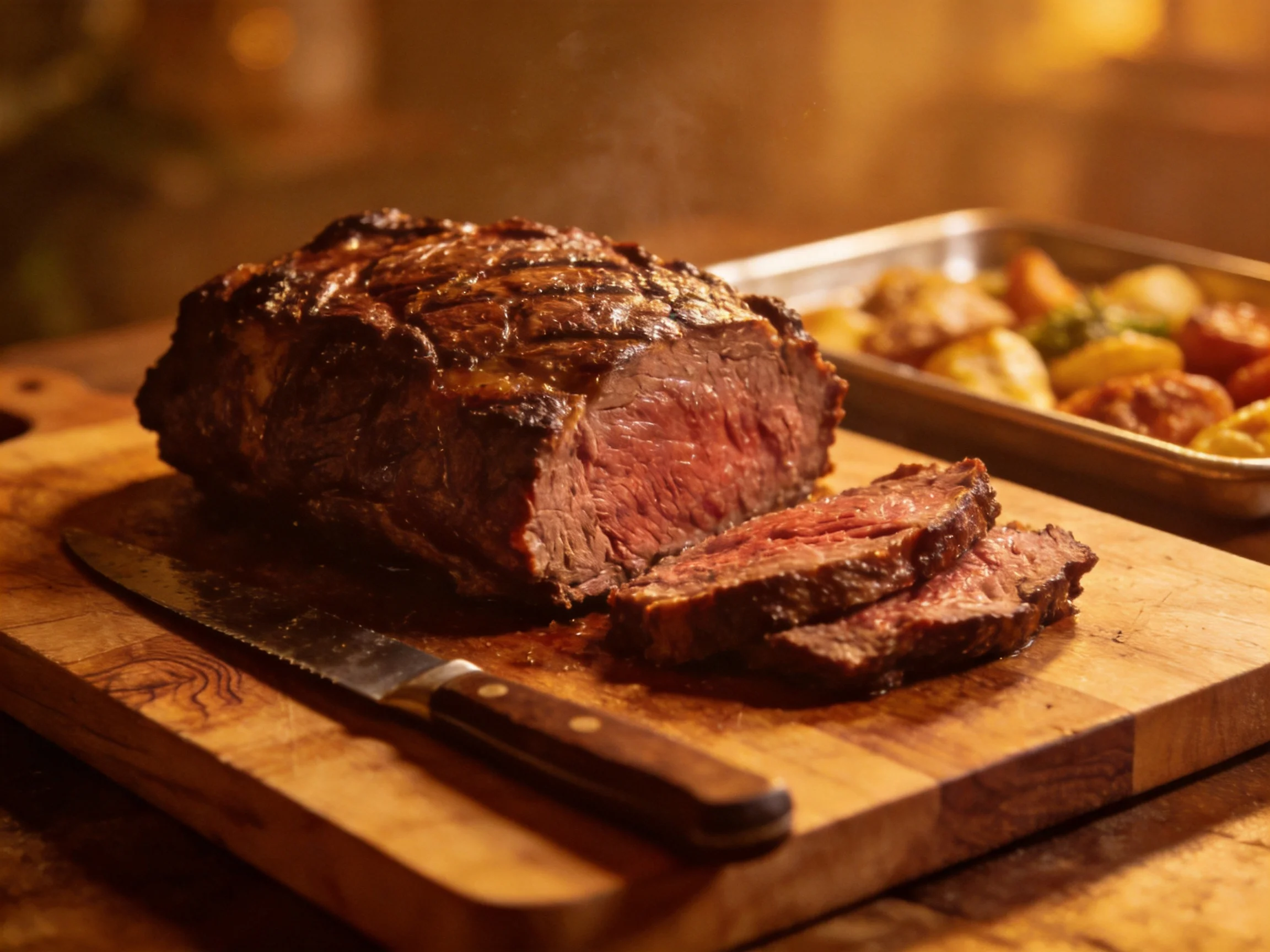 A juicy roasted beef sliced on a wooden cutting board with golden sides