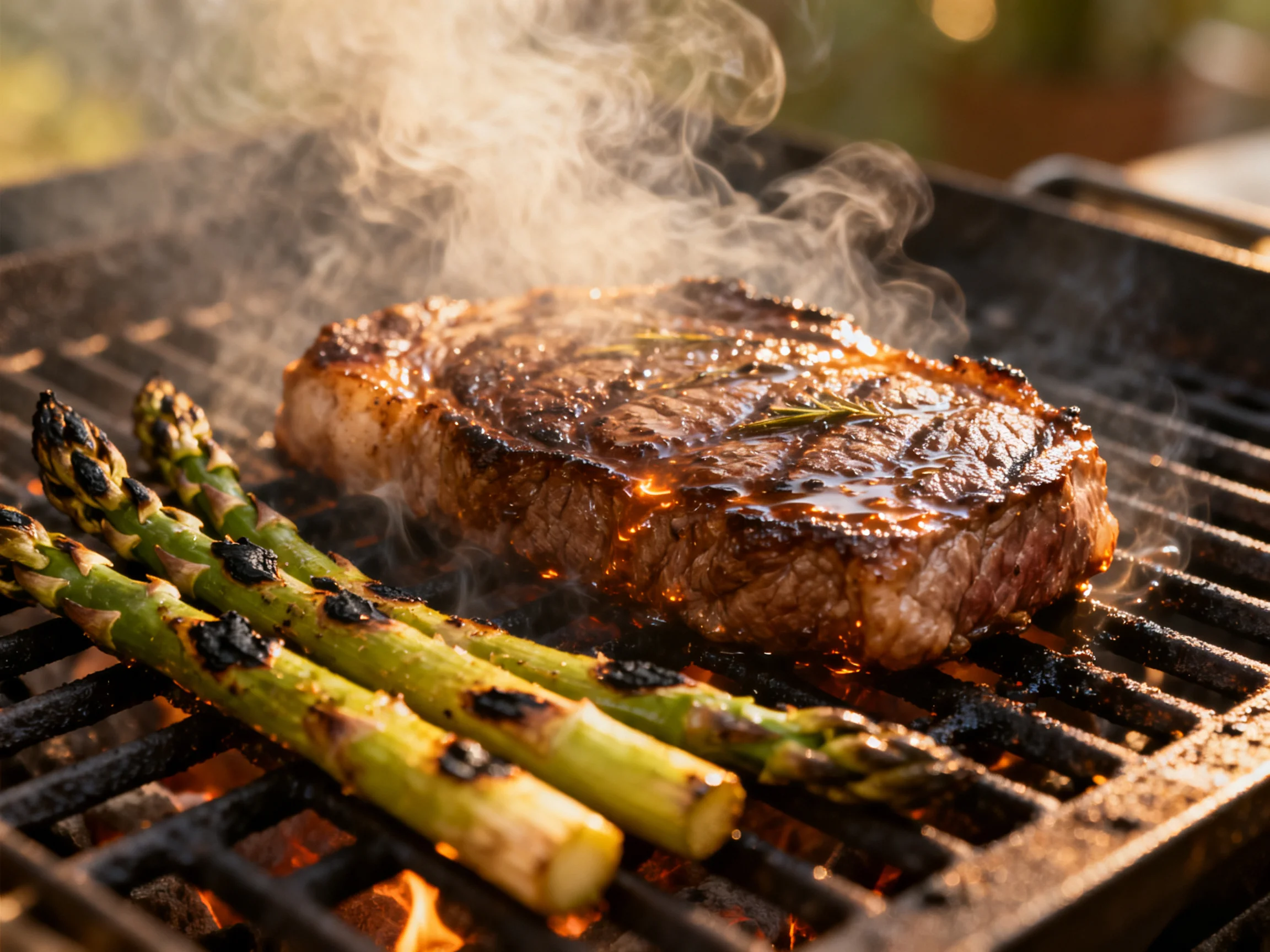 A juicy steak and charred asparagus cook on a hot grill