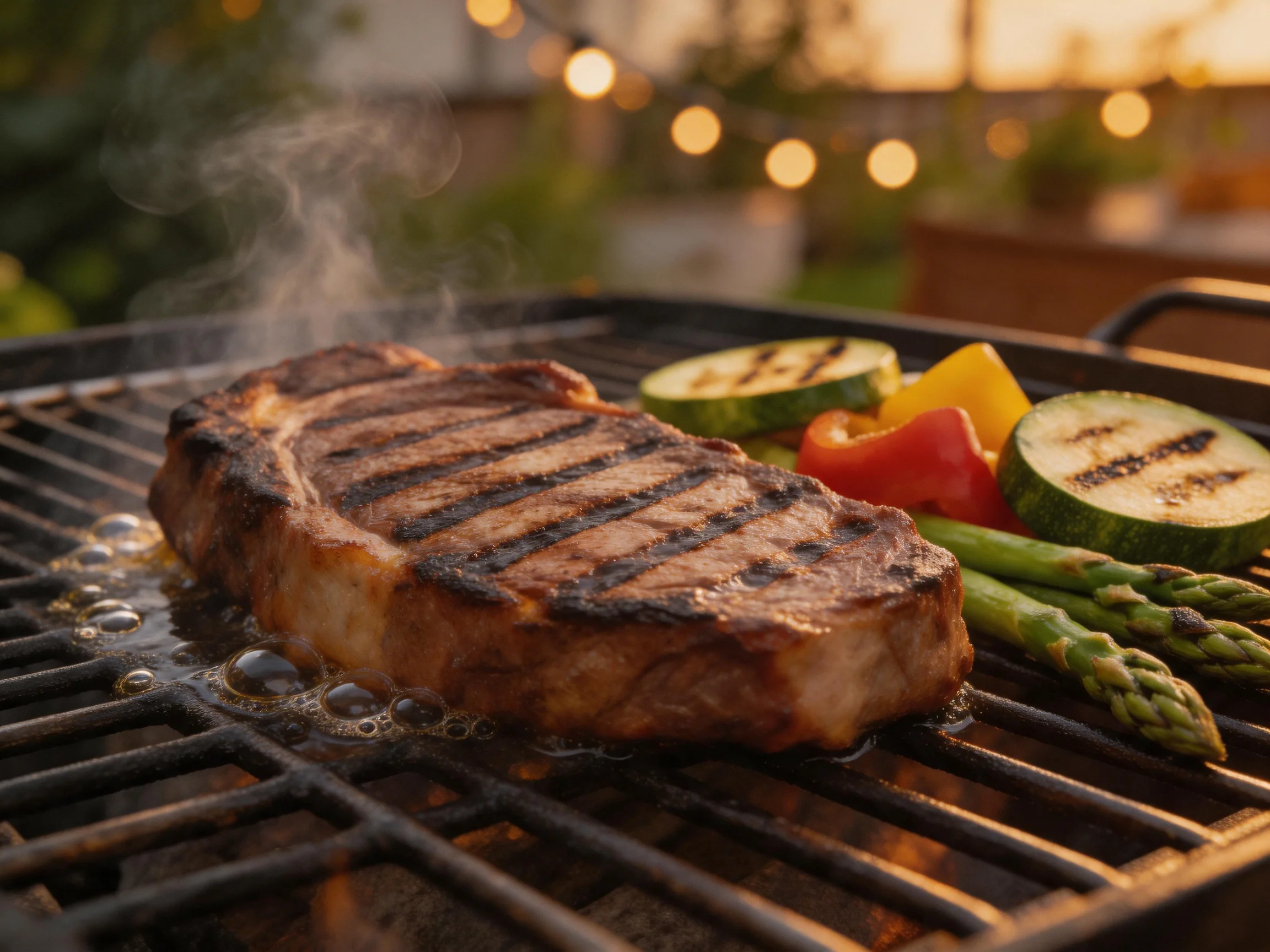 A juicy steak and grilled vegetables sizzle on a barbecue grill