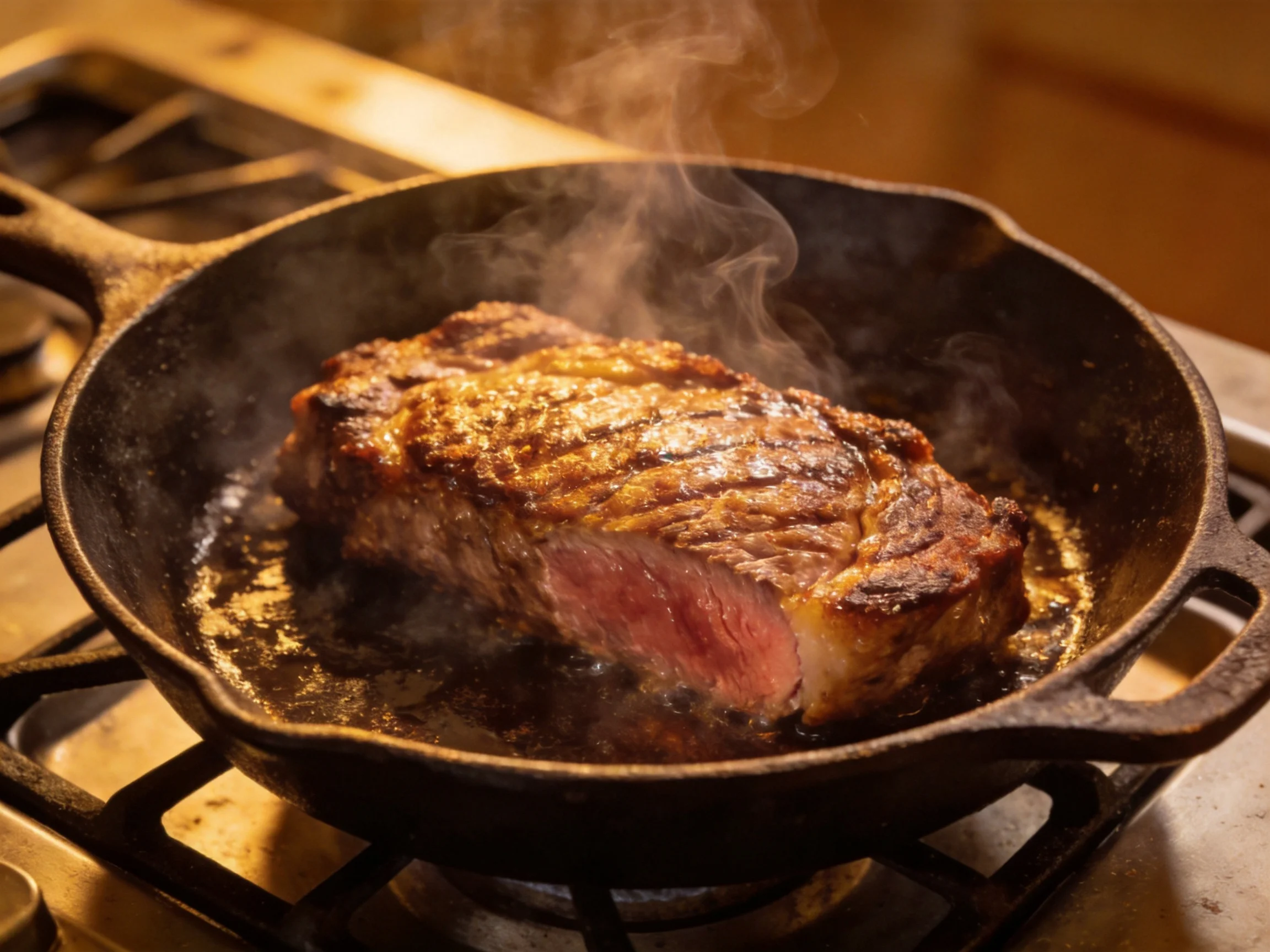 A juicy steak cooks in a black cast iron skillet on a stove