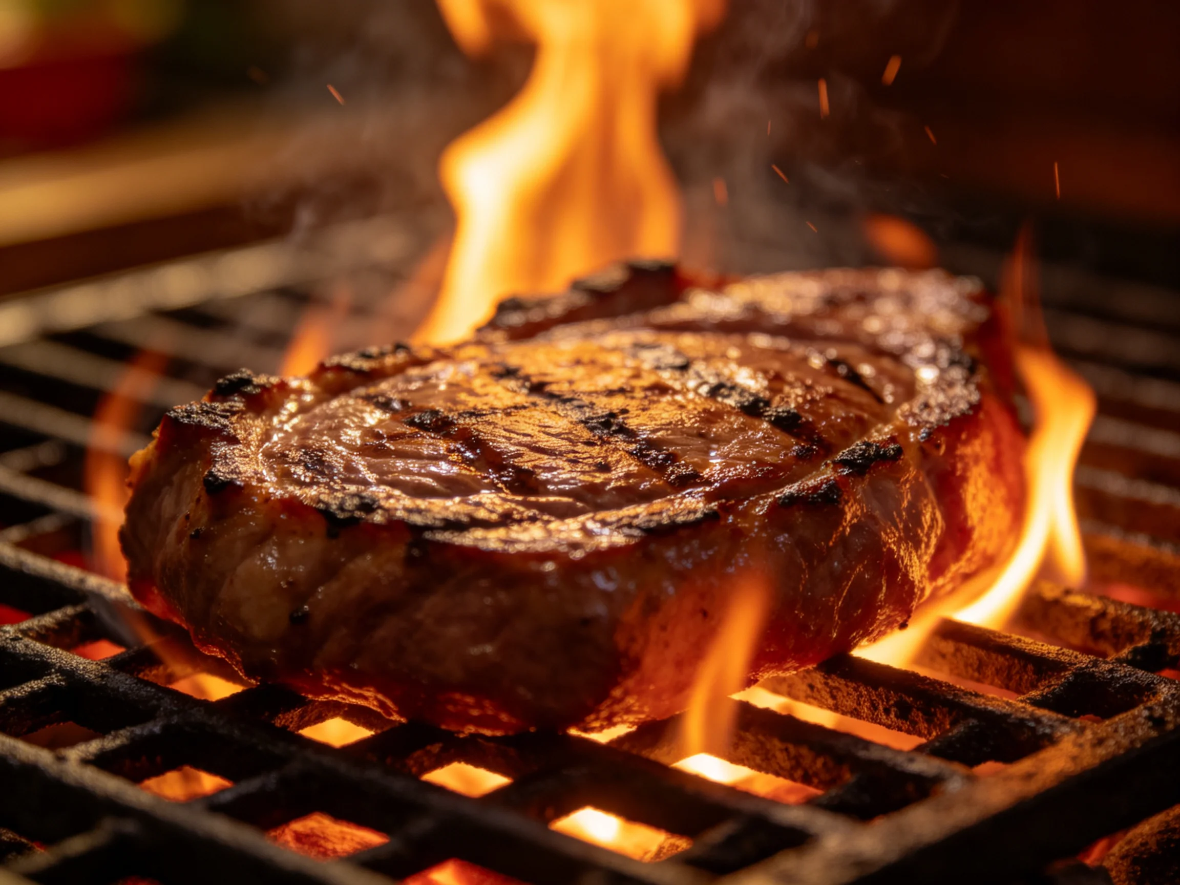 A juicy steak cooks over a blazing grill with vibrant orange flames