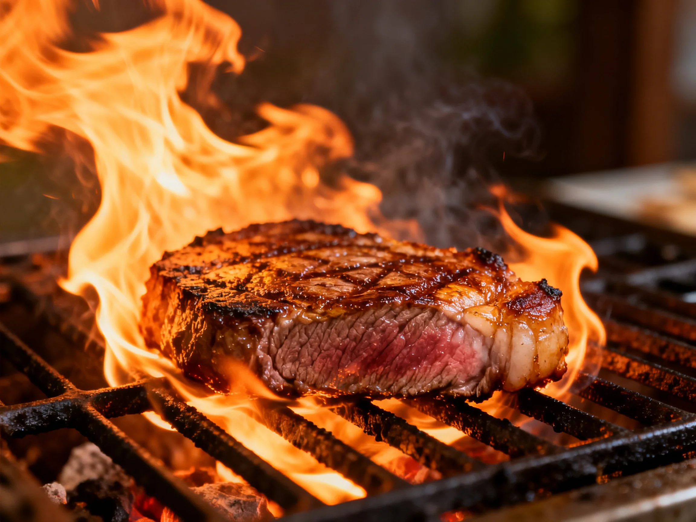 A juicy steak cooks over intense flames on an outdoor grill