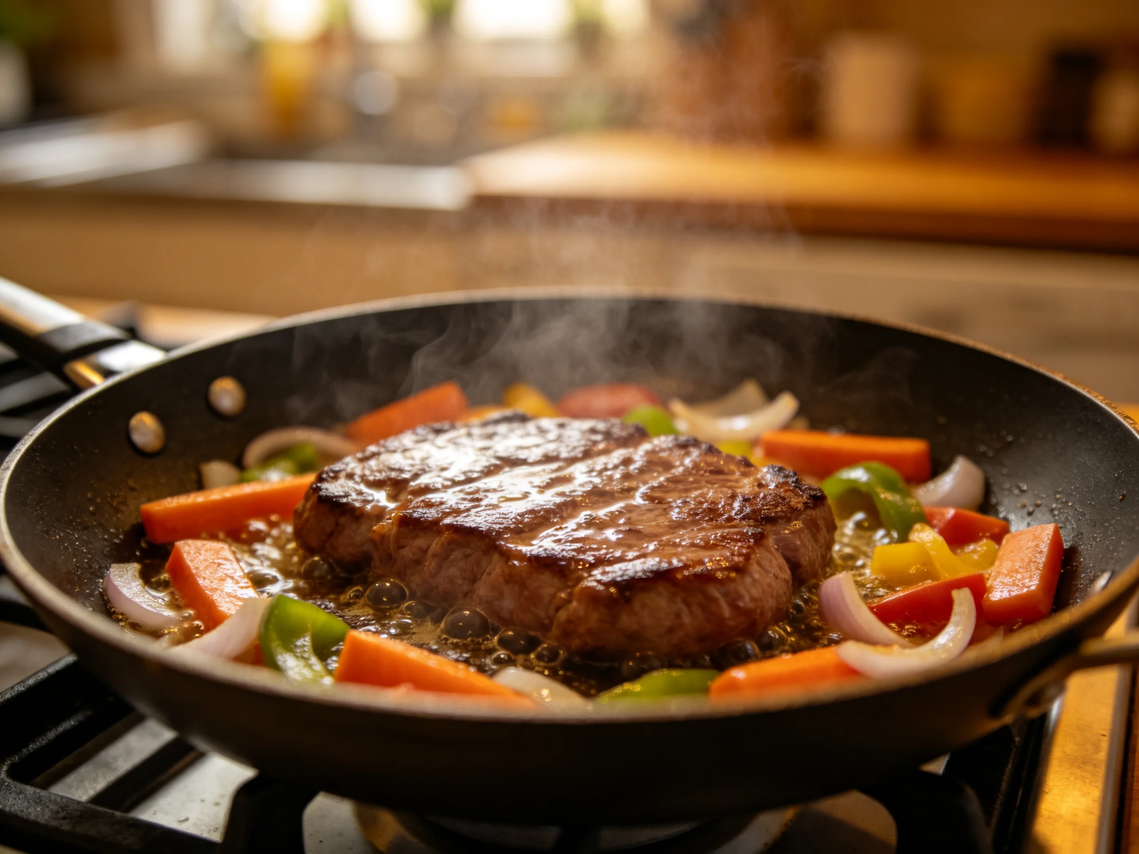 A juicy steak cooks with colorful veggies in a hot skillet