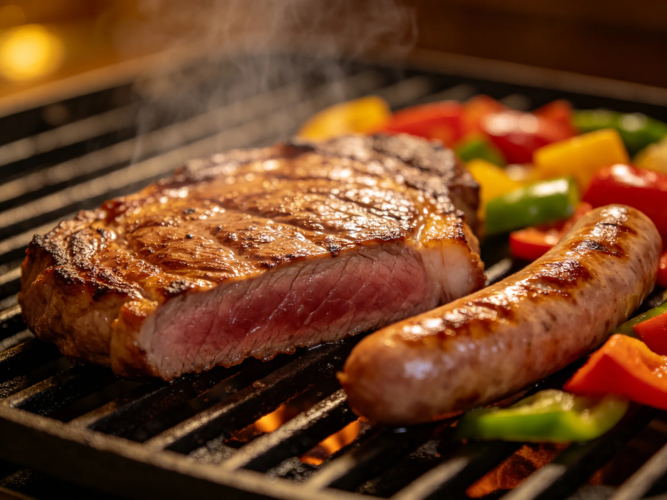 A juicy steak, grilled sausage, and colorful bell peppers cook on a hot grill