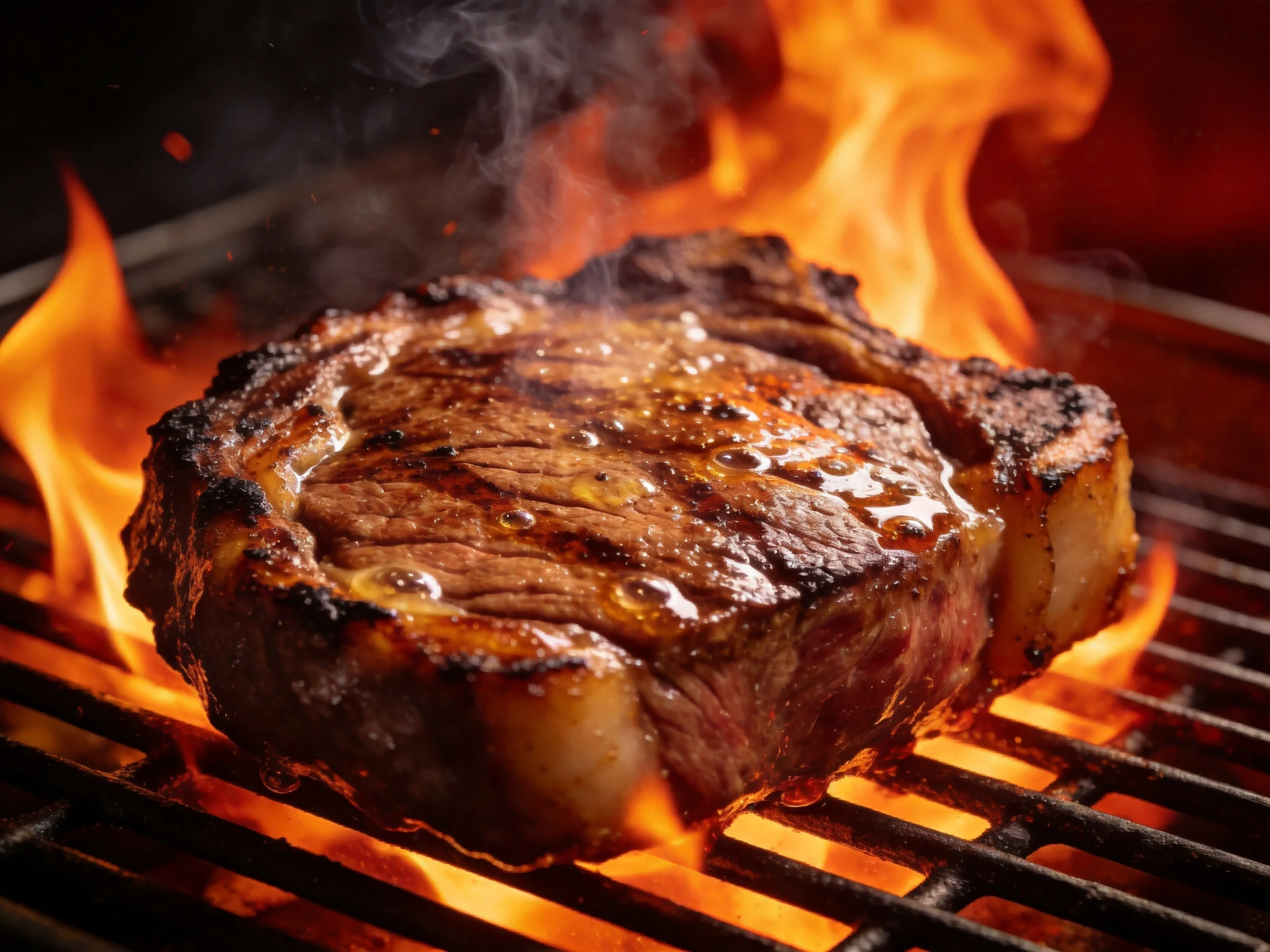 A juicy steak grilling over bright orange flames on a metal rack