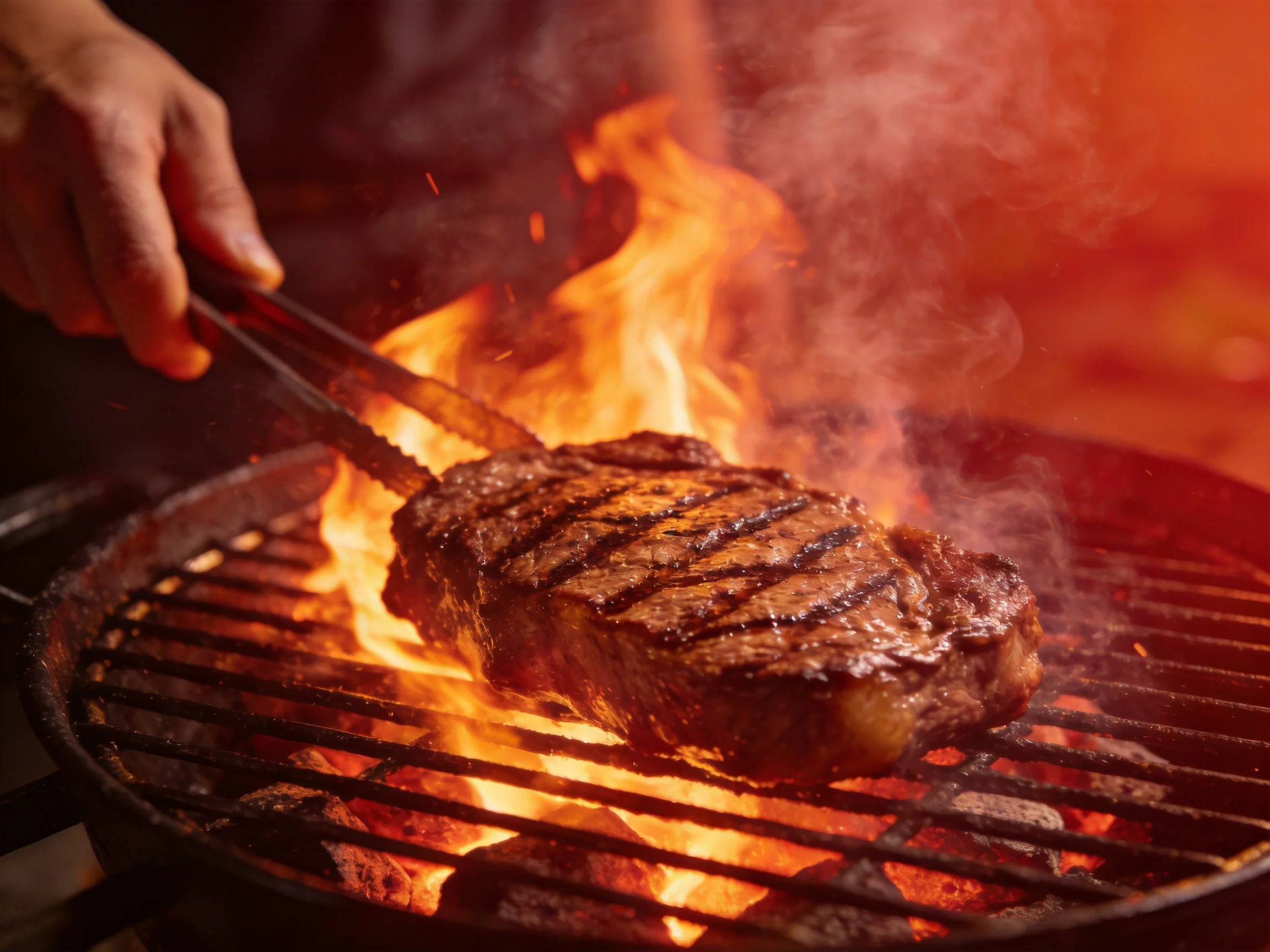 A juicy steak grilling over intense flames on a hot grill