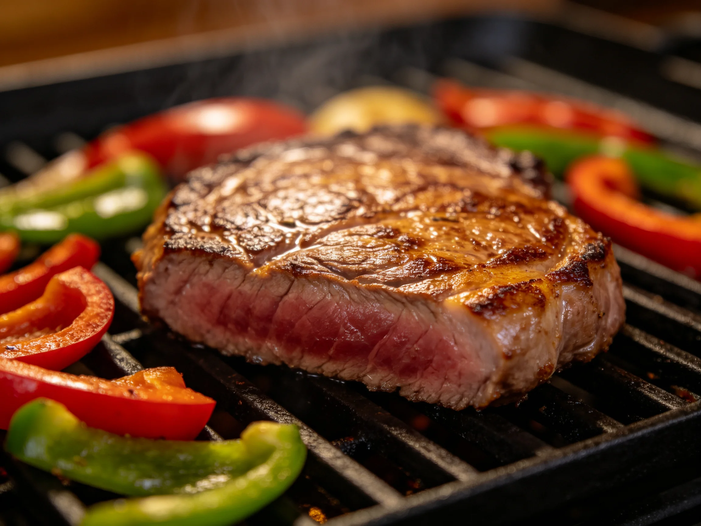 A juicy steak grilling with red, green, and orange bell pepper slices