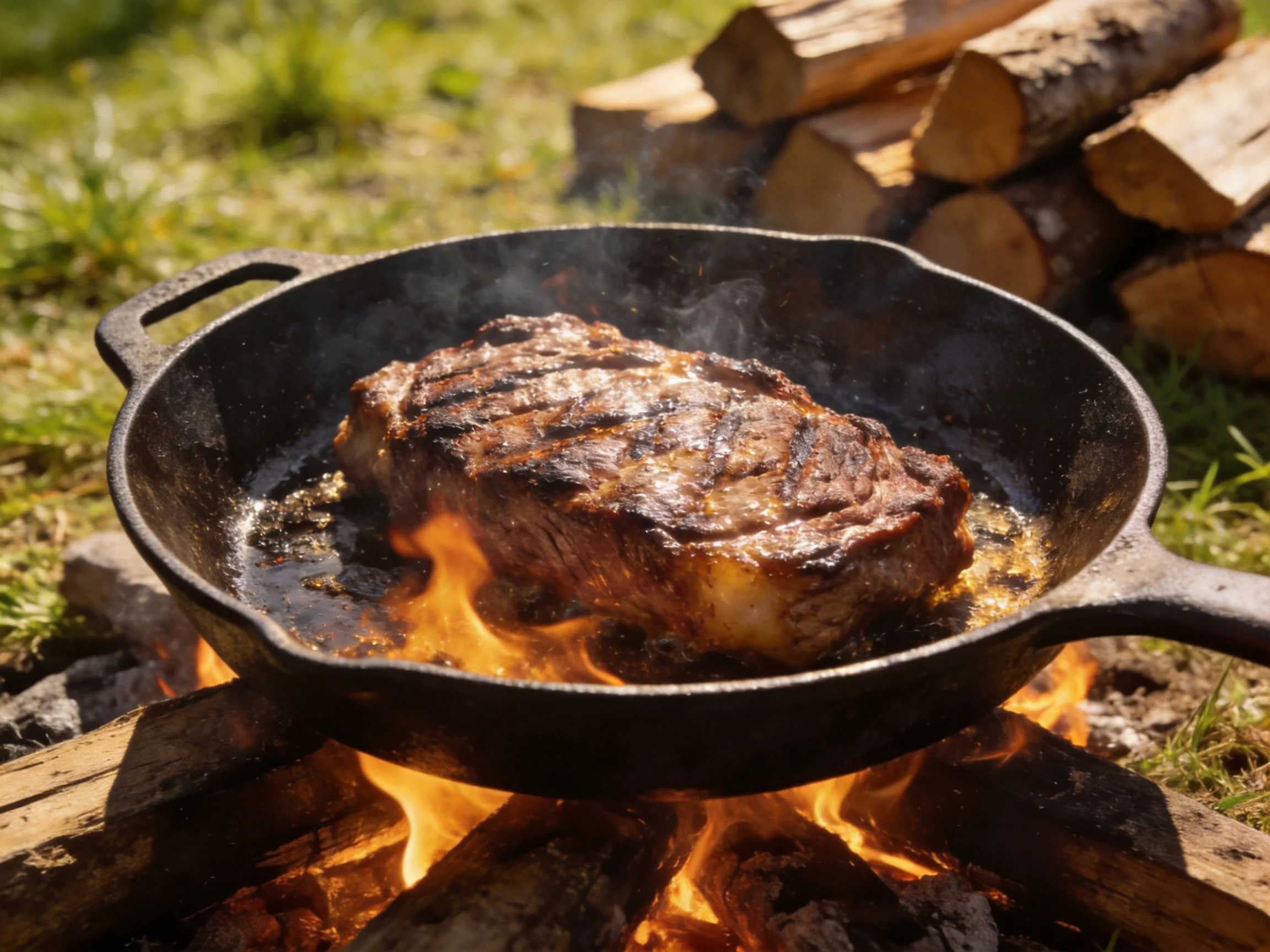 A juicy steak grills in a cast iron pan over an open fire