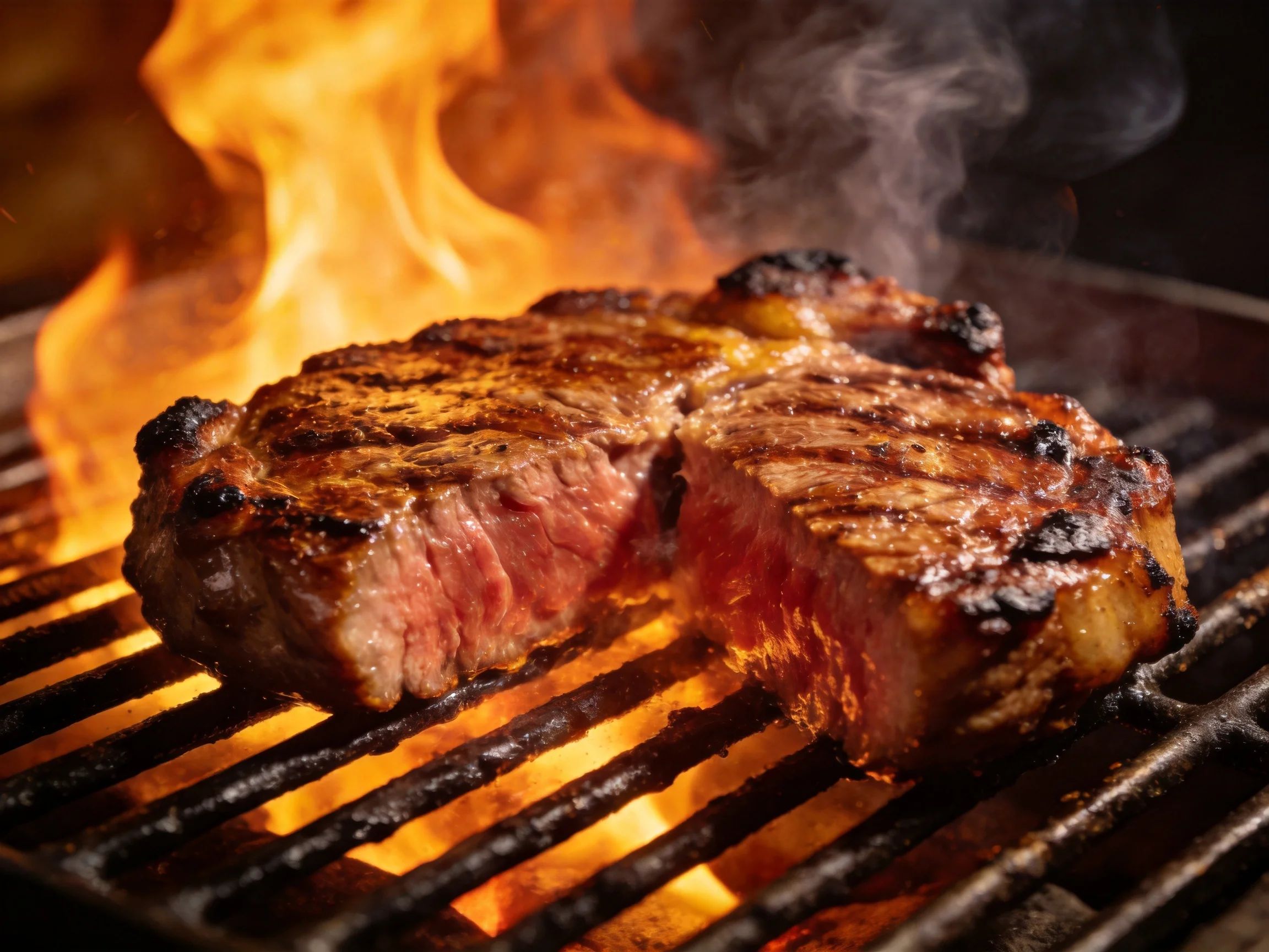 A juicy steak grills over blazing flames with charred marks