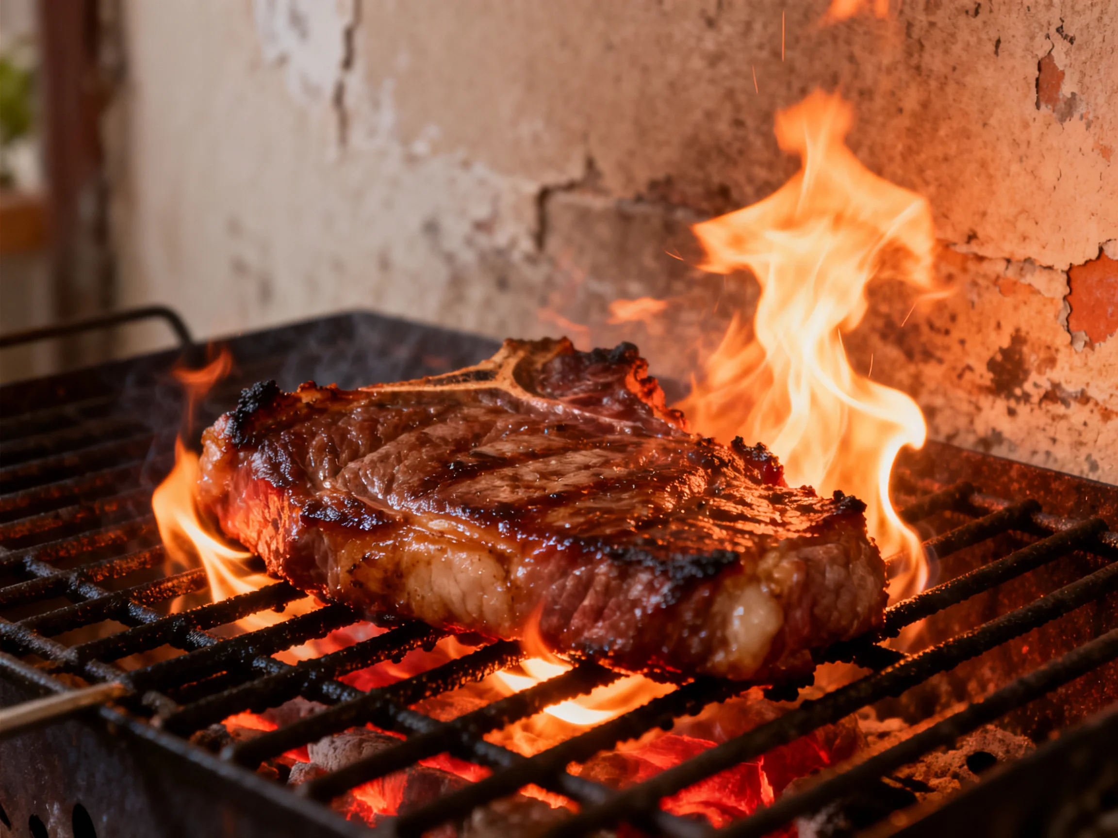 A juicy steak grills over bright flames on a metal grate