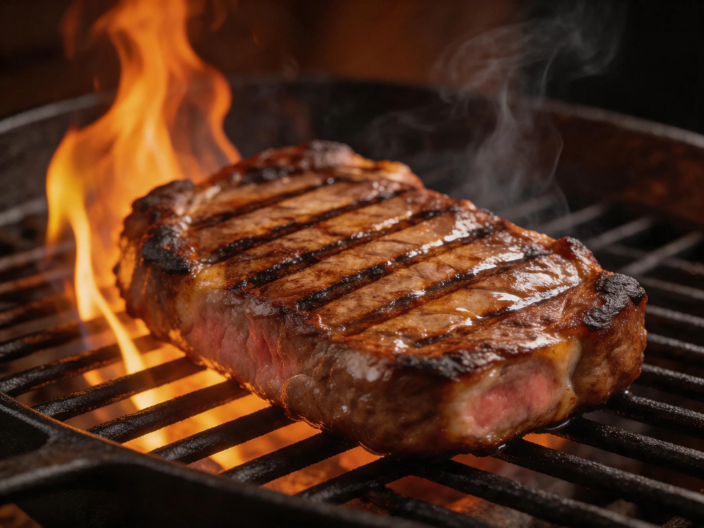 A juicy steak grills over bright flames with distinct grill marks