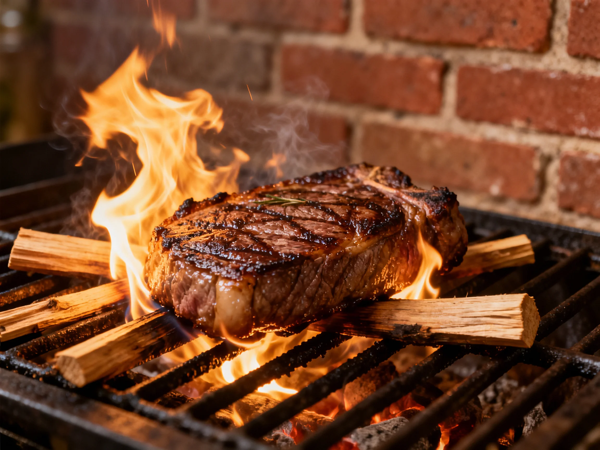 A juicy steak grills over bright flames with wooden logs on a brick wall