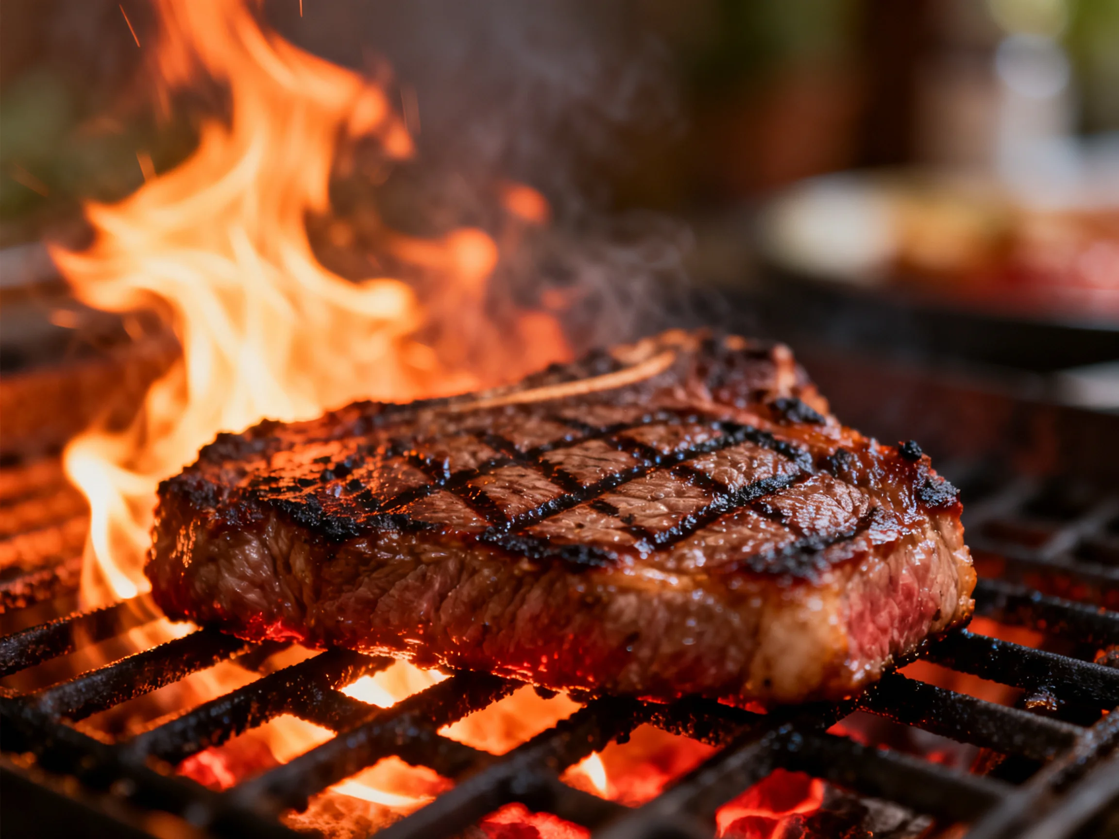 A grilled steak cooks over intense flames on a hot grill.