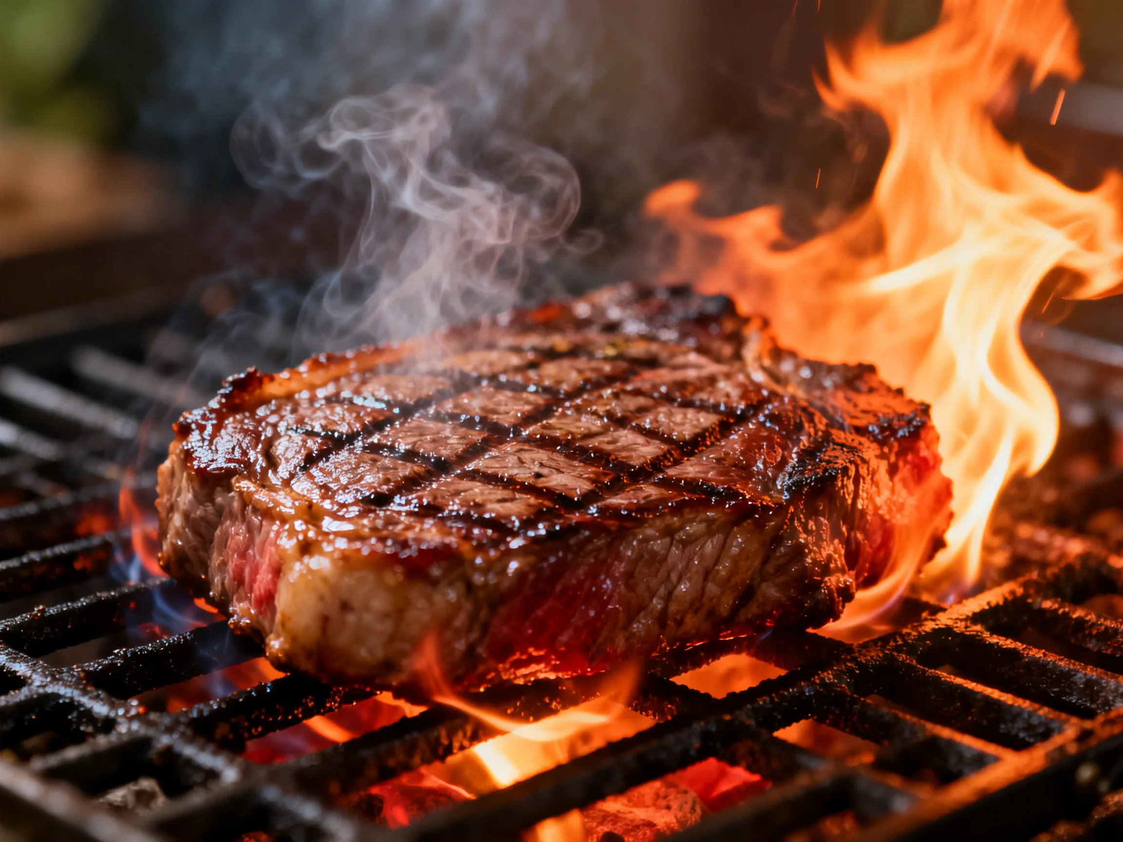 A juicy steak grills over bright orange flames on a black metal grate