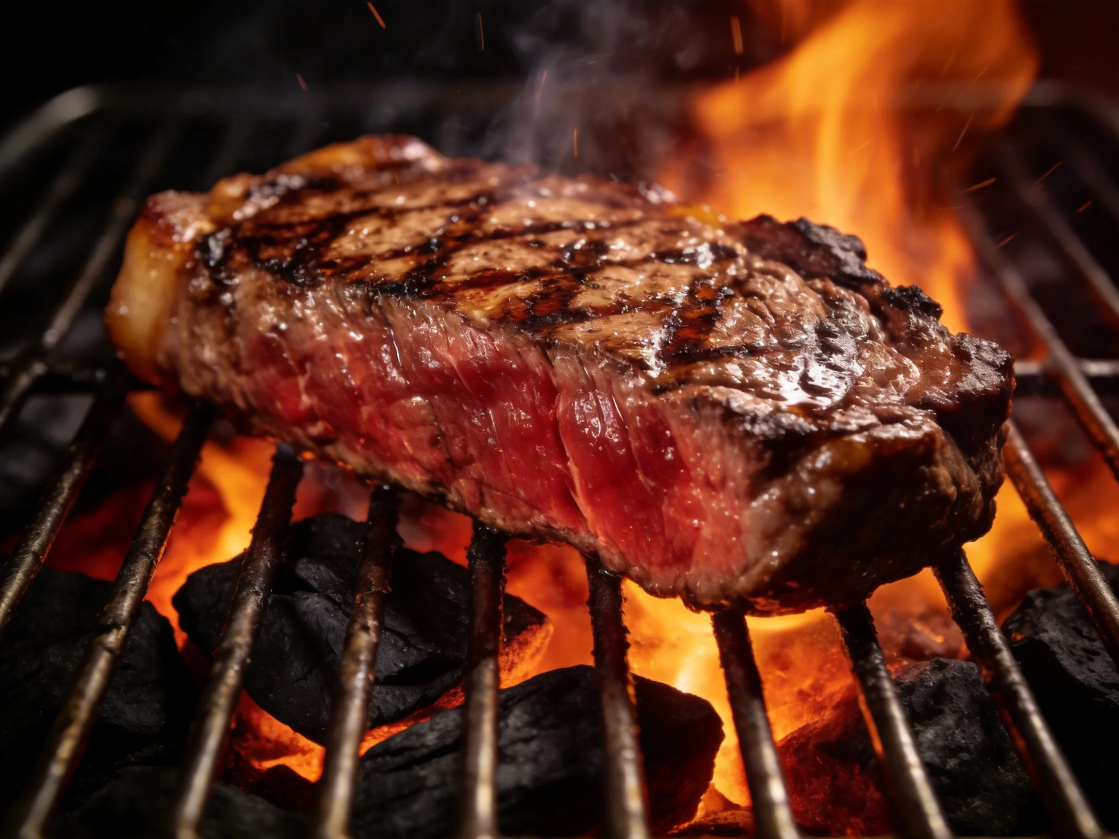 A juicy steak grills over bright orange flames on a metal grate