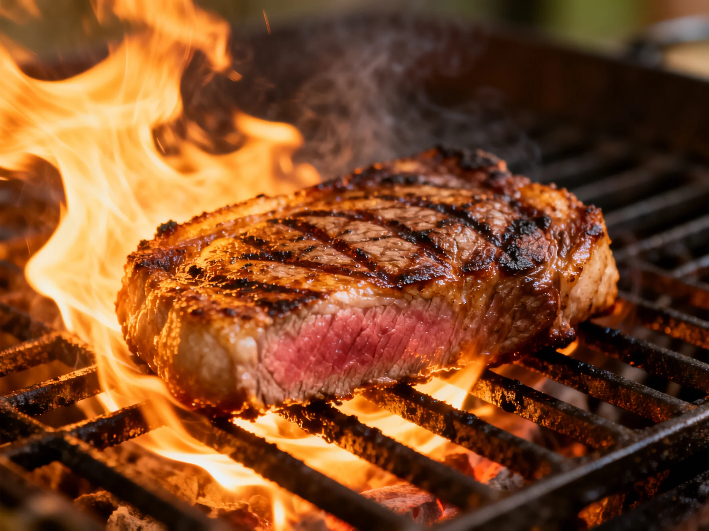 A juicy steak cooks over bright flames on a metal grill.