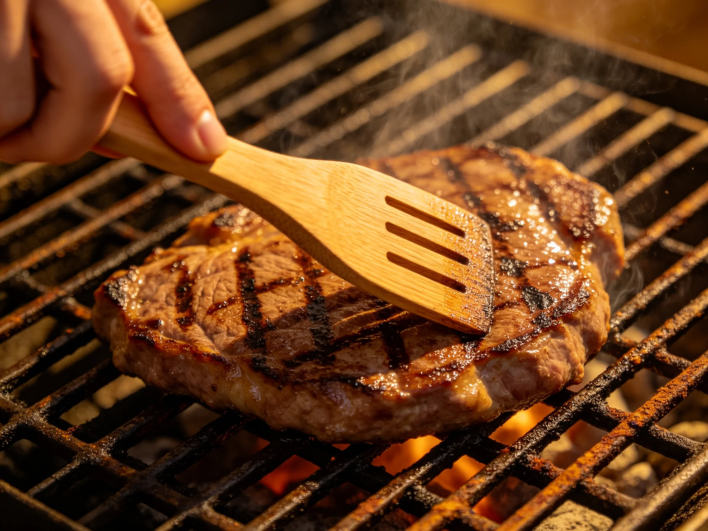 A juicy steak grills with char marks over glowing embers