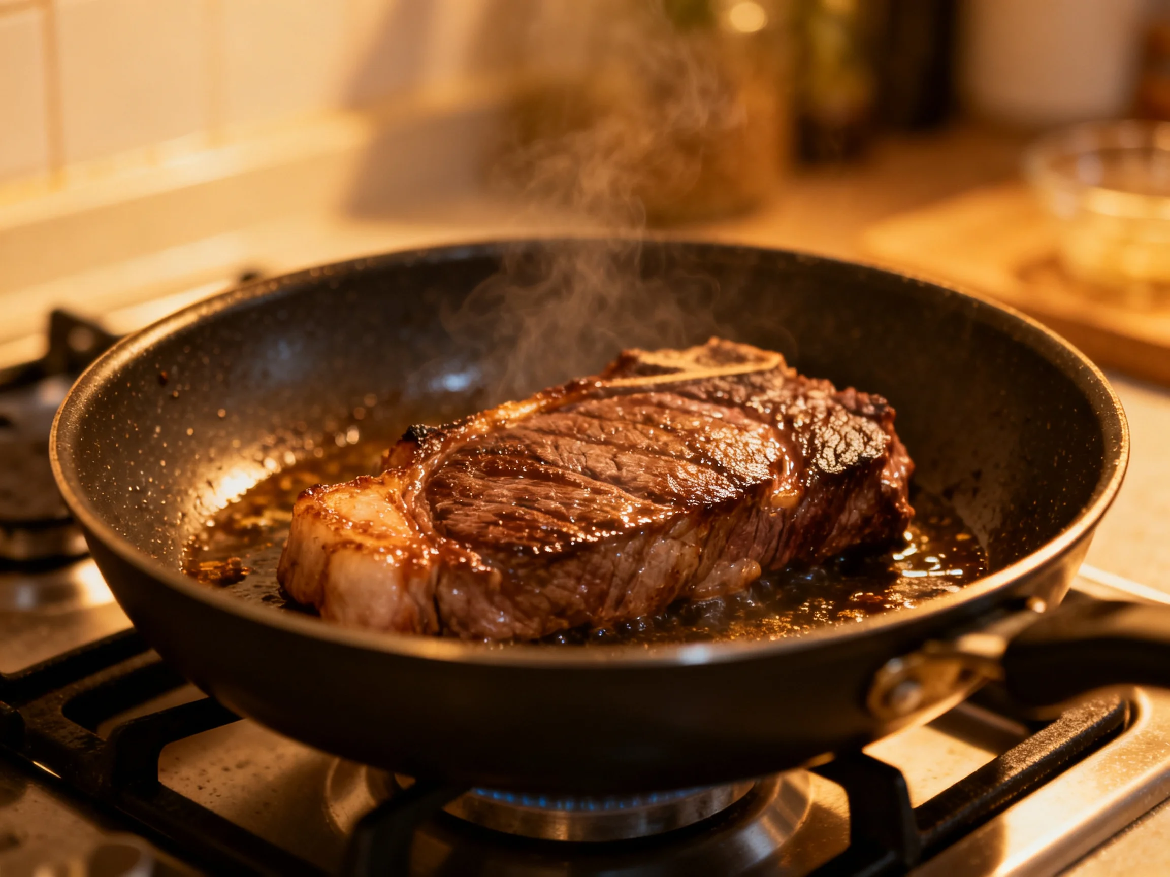 A juicy steak sizzles in a black frying pan on a gas stove