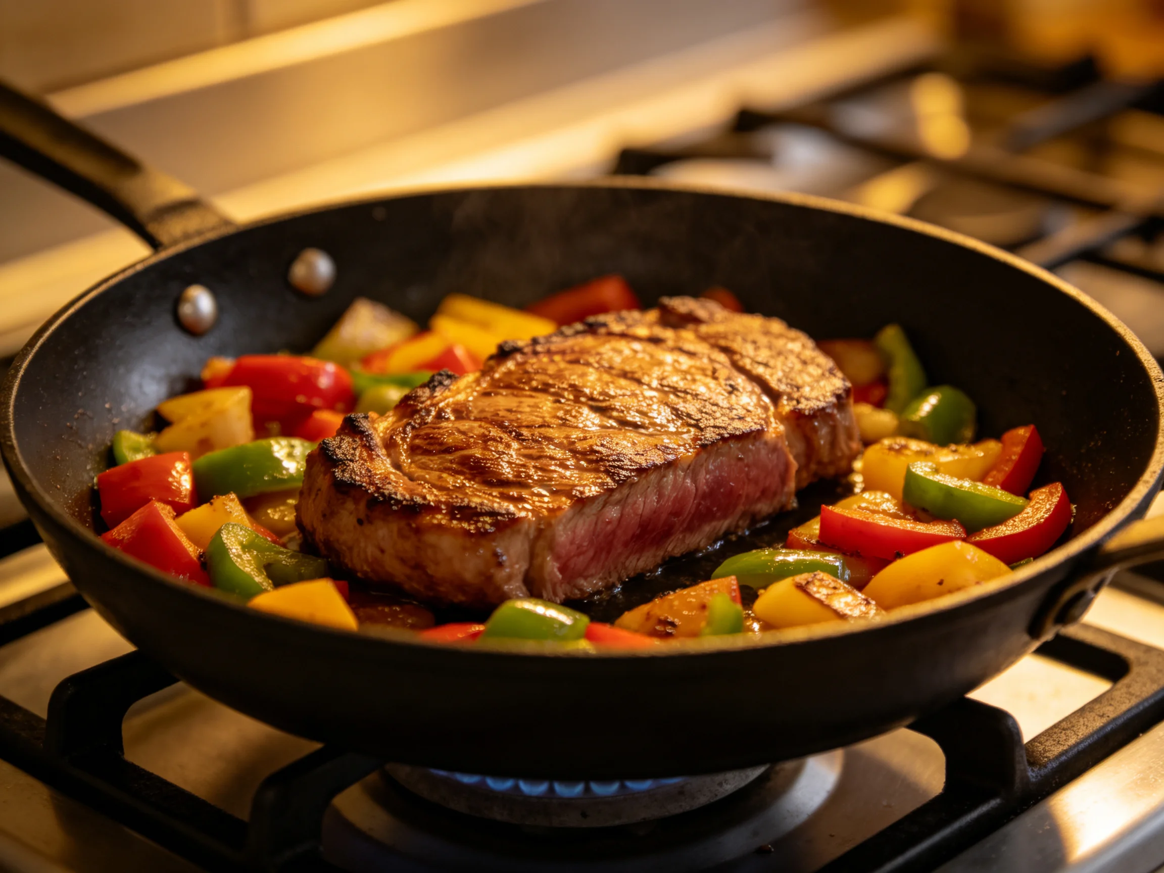A juicy steak sizzles with multicolored bell peppers in a black skillet