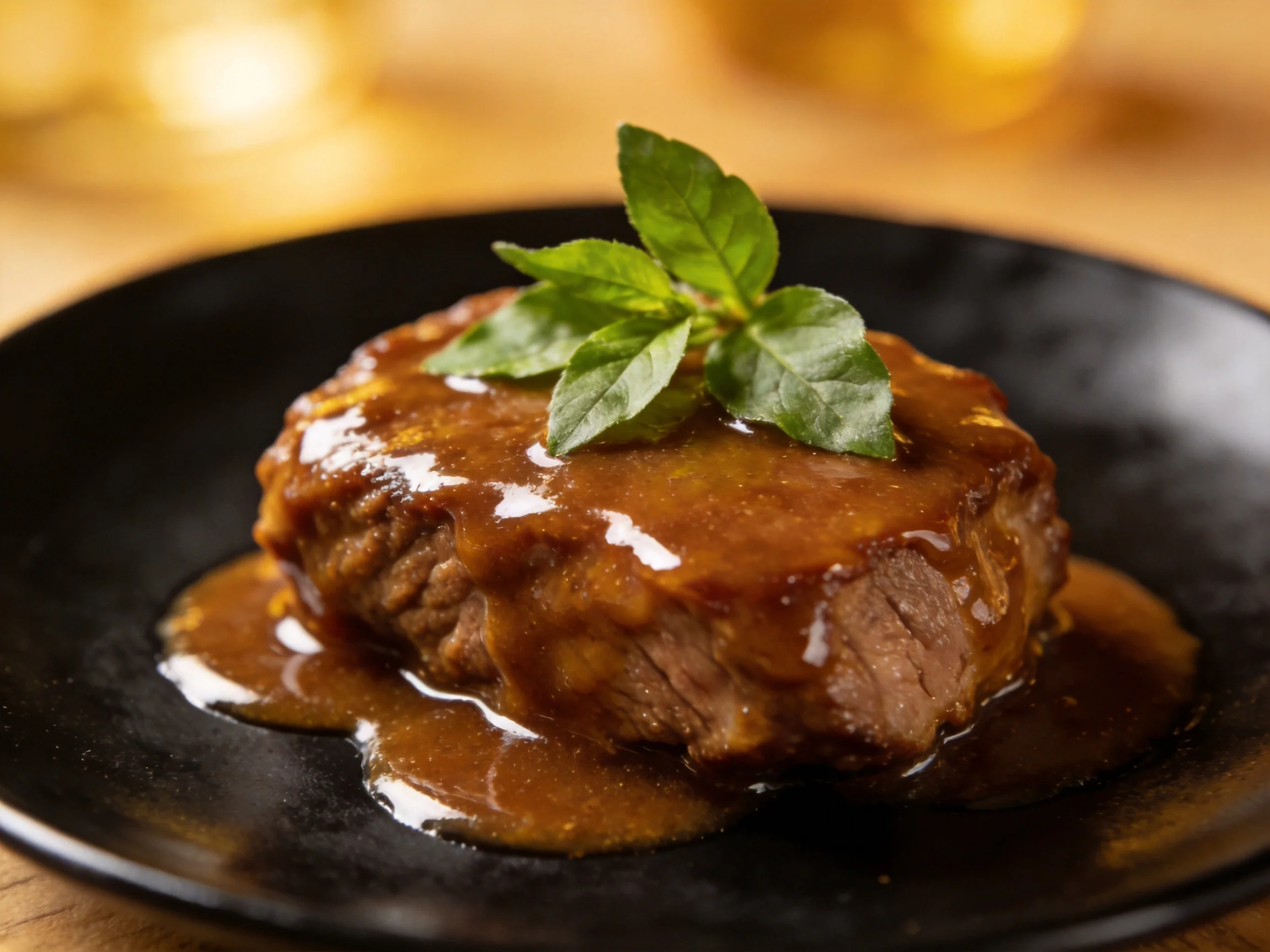 A juicy steak topped with brown gravy and fresh basil on a black plate