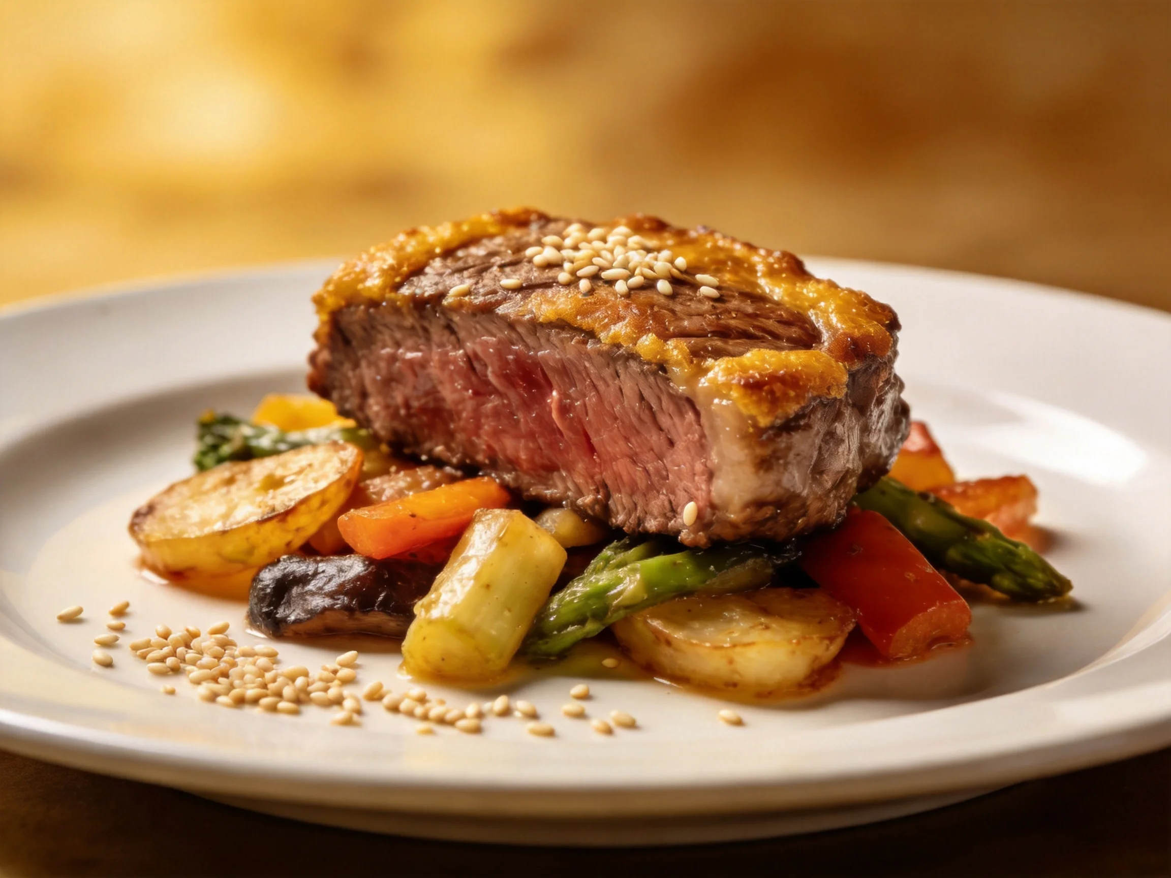 A juicy steak topped with sesame seeds, served over roasted vegetables