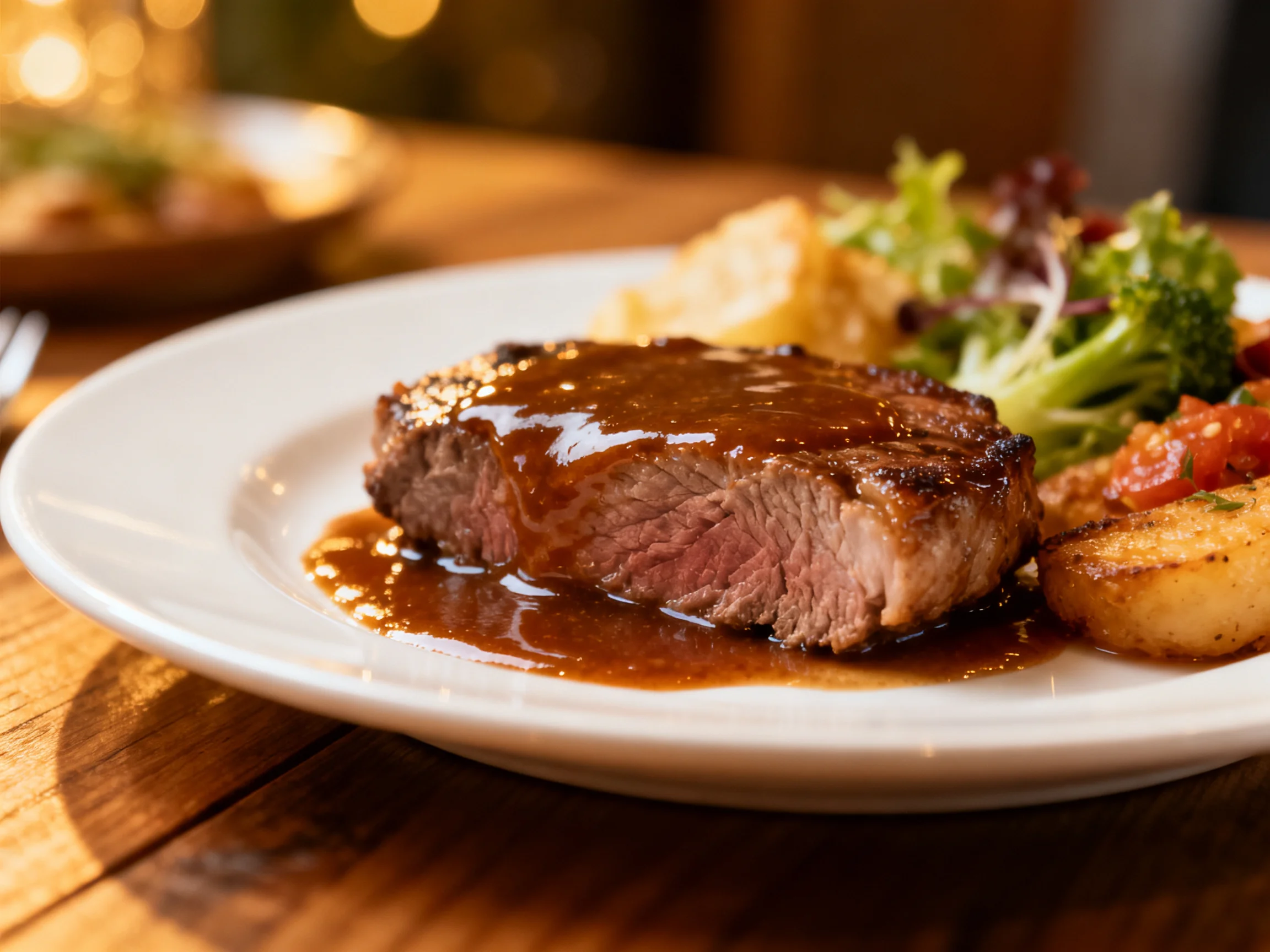 A juicy steak with brown gravy, roasted potatoes, and fresh greens
