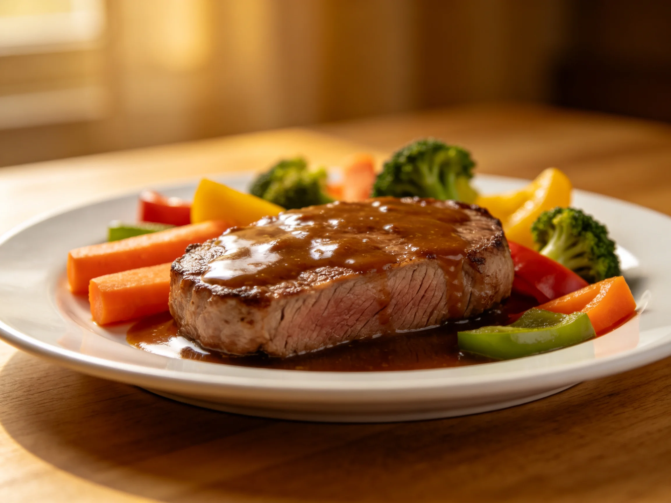 A juicy steak with brown sauce served alongside colorful mixed vegetables
