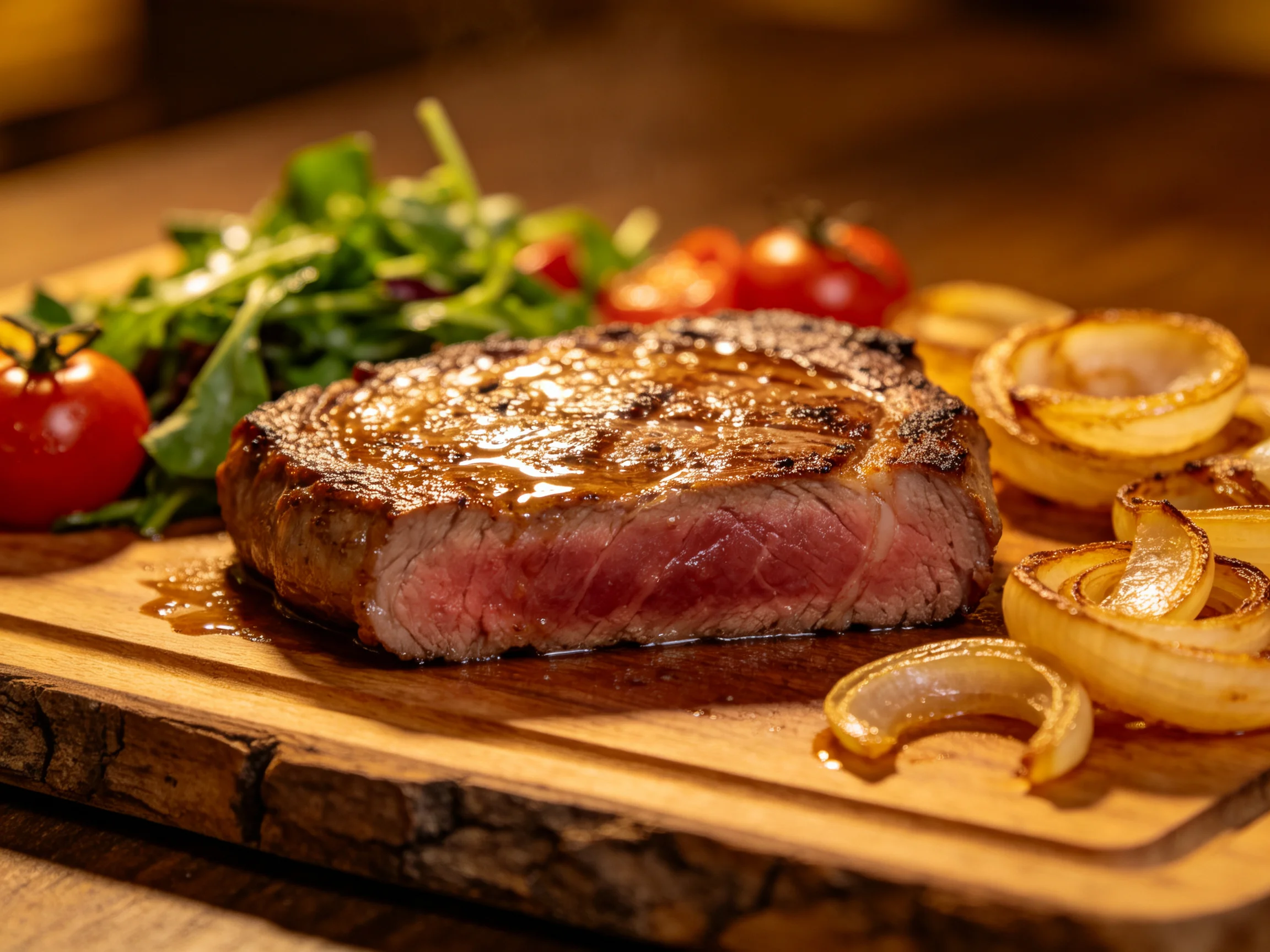 A juicy steak with caramelized onions, fresh greens, and cherry tomatoes